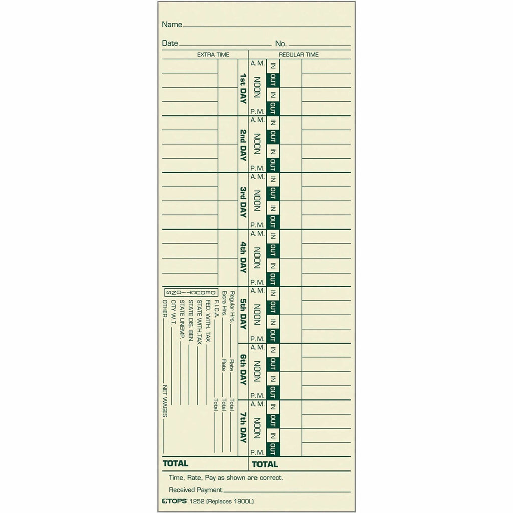 Time Clock Cards, Replacement for 1900L, One Side, 3.5 x 9, 500/Box