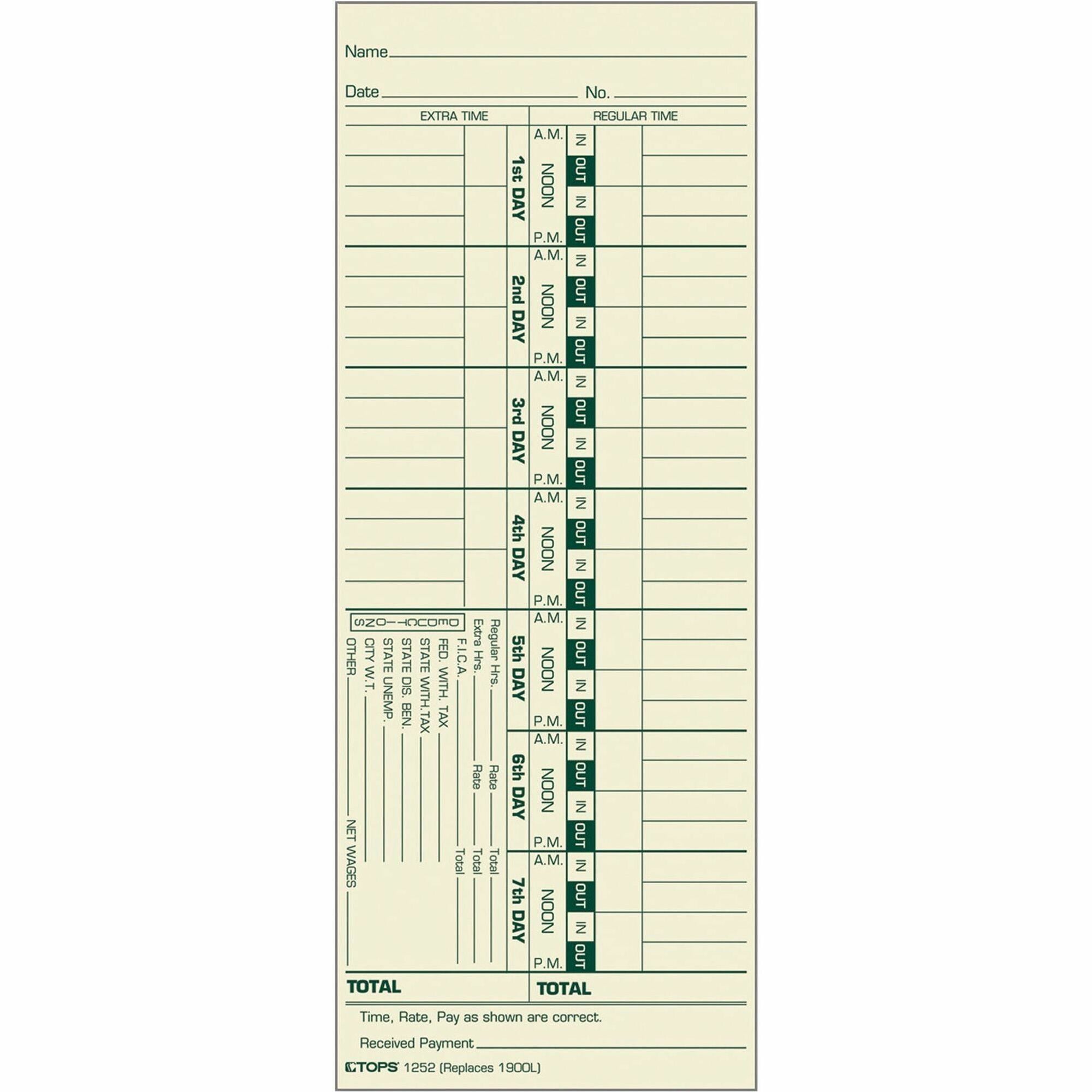Time Clock Cards, Replacement for 1900L, One Side, 3.5 x 9, 500/Box