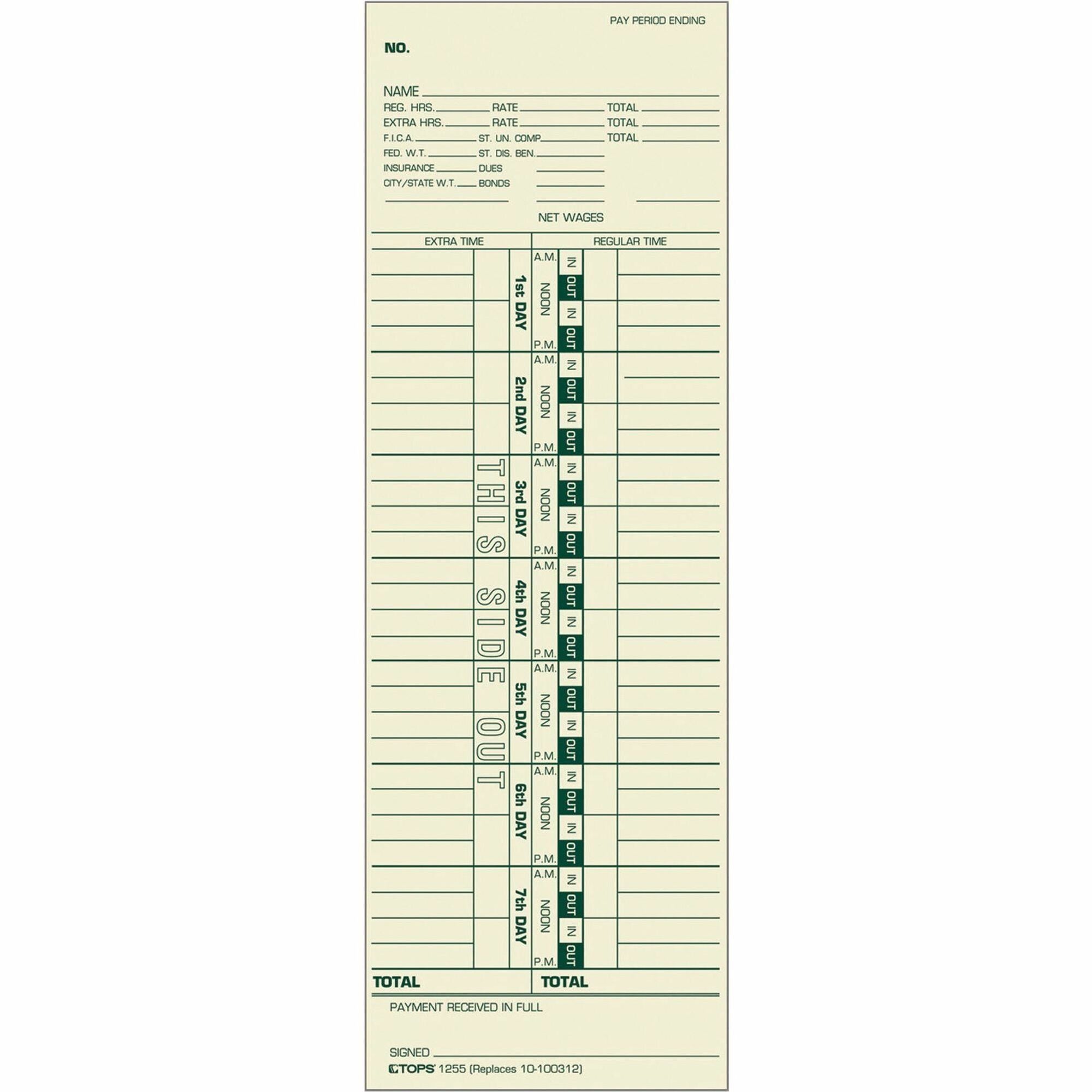 Time Clock Cards, Replacement for 10-100312/1950-9301/K14-36981D, One Side, 3.5 x 10.5, 500/Box