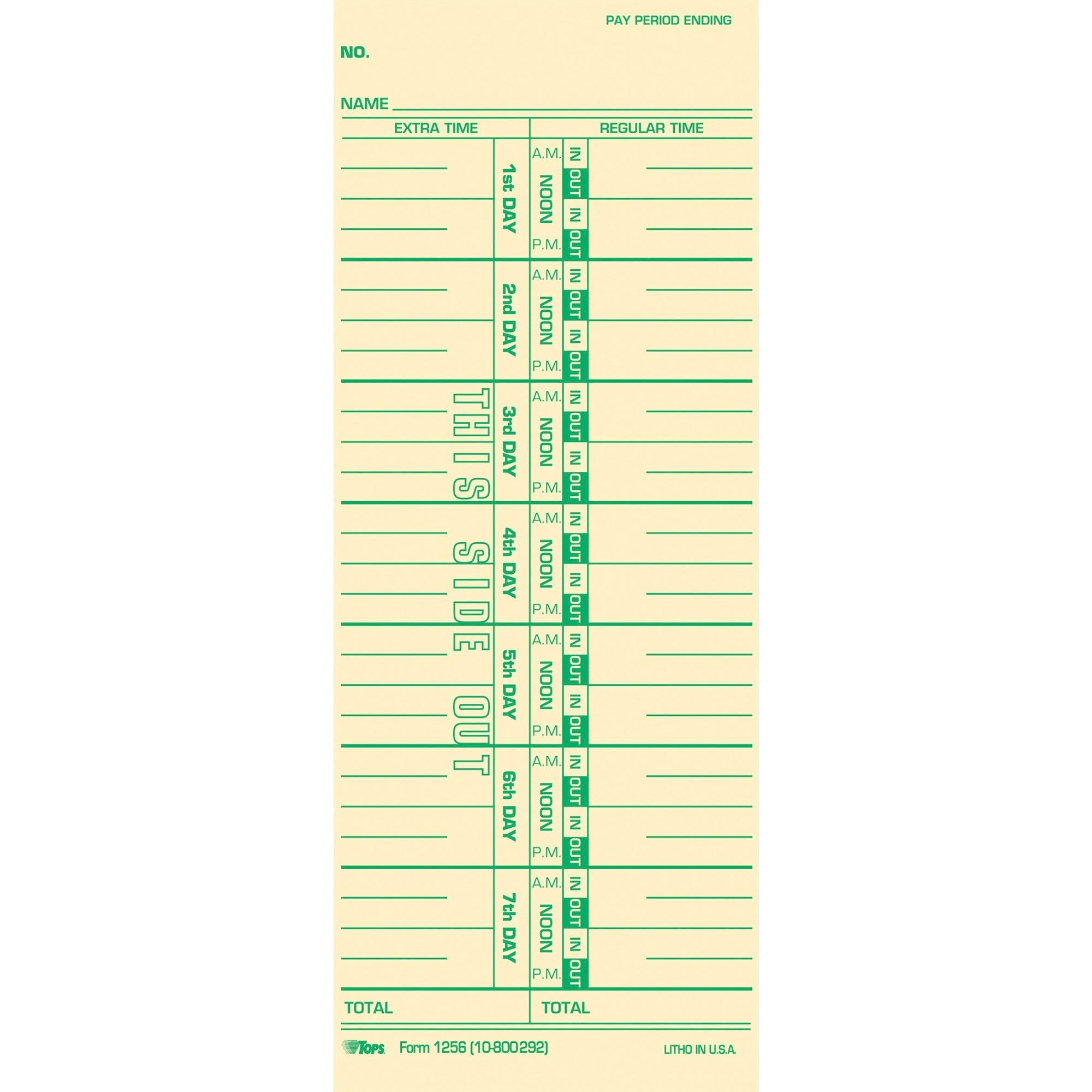 TOPS Numbered Days Time Cards - 3.50" x 9" Sheet Size - Yellow - Manila Sheet(s) - Green Print Color - 100 / Pack - 