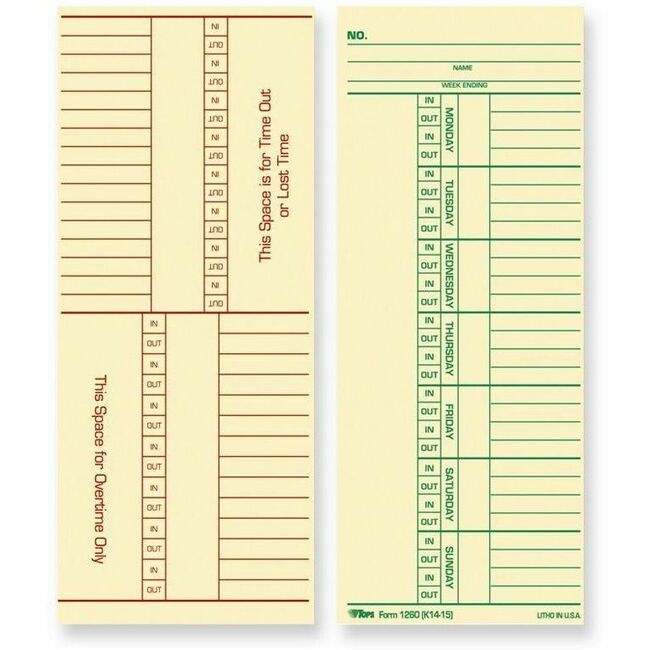 TOPS Named Days/Overtime Time Cards - 3.37" x 8.25" Sheet Size - Yellow - Manila Sheet(s) - Green, Red Print Color - 100 / Pack - 