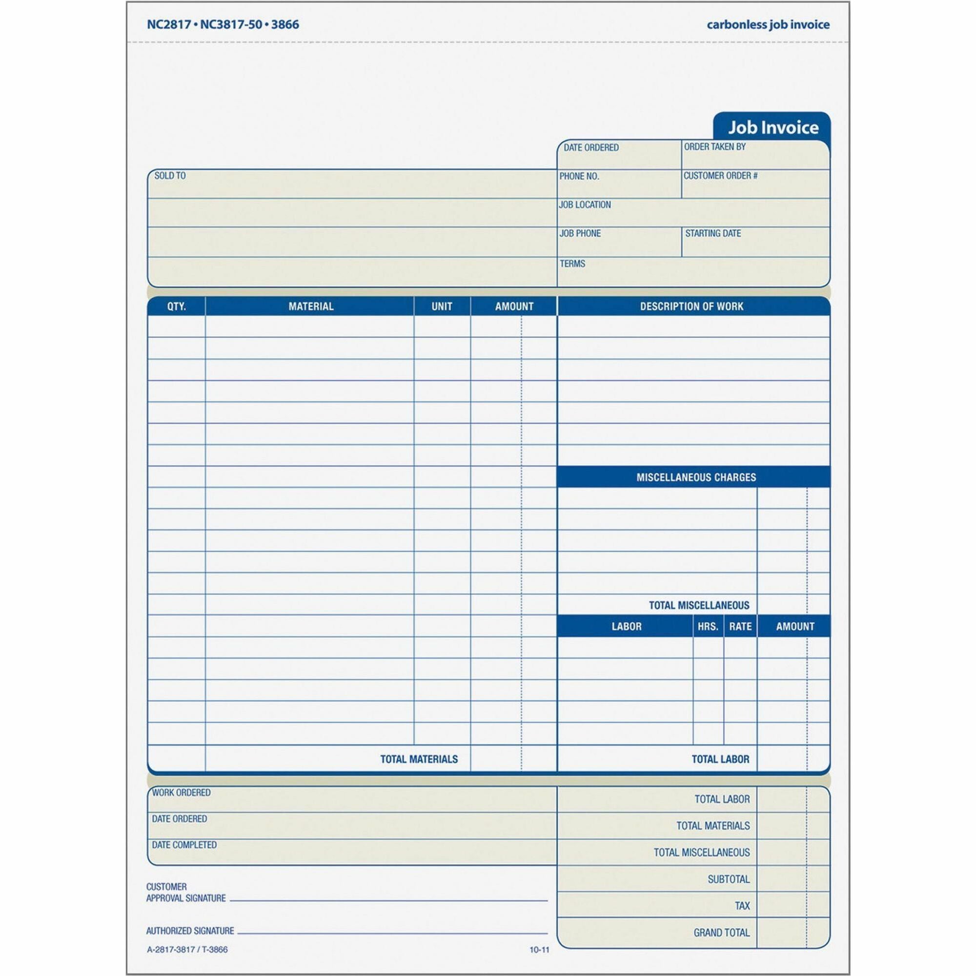 Job Invoice, Snap-Off Triplicate Form, Three-Part Carbonless, 8.5 x 11.63, 50 Forms Total