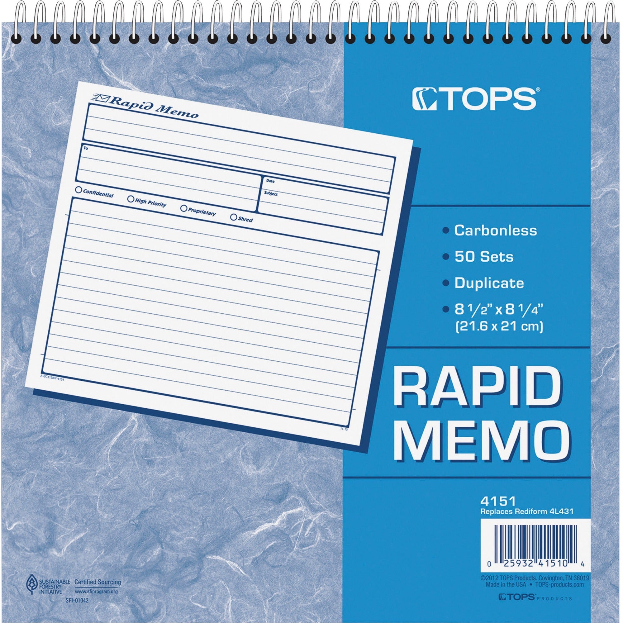 TOPS Rapid Memo Book - Spiral Bound - 2 PartCarbonless Copy - 8.50" x 7.75" Sheet Size - Assorted Sheet(s) - 1 Each - 