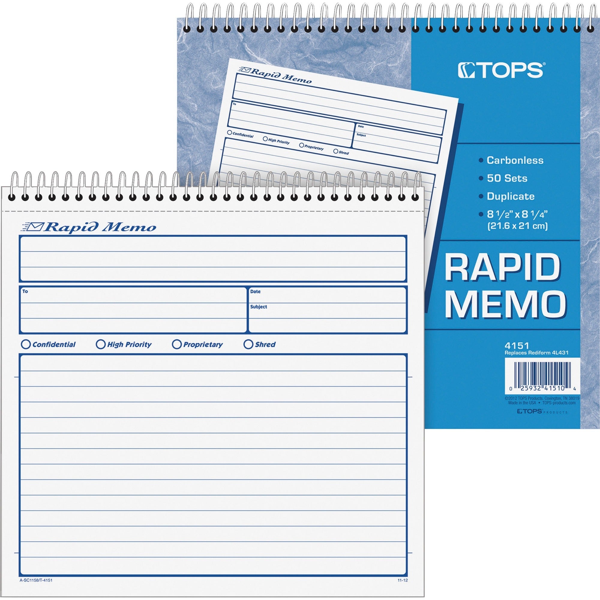 TOPS Rapid Memo Book - Spiral Bound - 2 PartCarbonless Copy - 8.50" x 7.75" Sheet Size - Assorted Sheet(s) - 1 Each - 