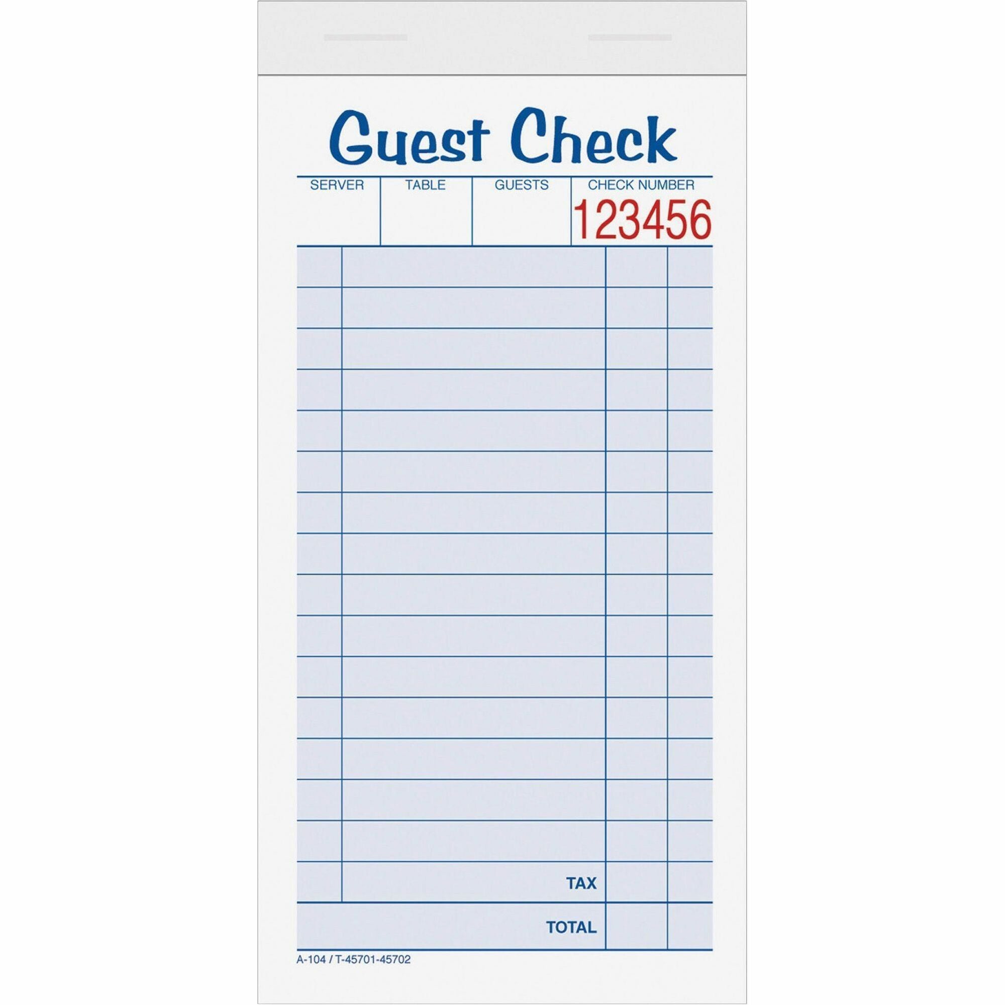 TOPS 2-part Carbonless Guest Check Books - 2 Part - 3.37" x 5.50" Sheet Size - Blue, Green, Red Print Color - 10 / Pack - 