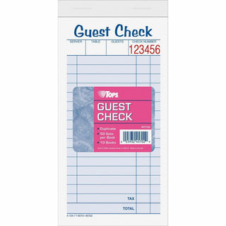 TOPS 2-part Carbonless Guest Check Books - 2 Part - 3.37" x 5.50" Sheet Size - Blue, Green, Red Print Color - 10 / Pack - 