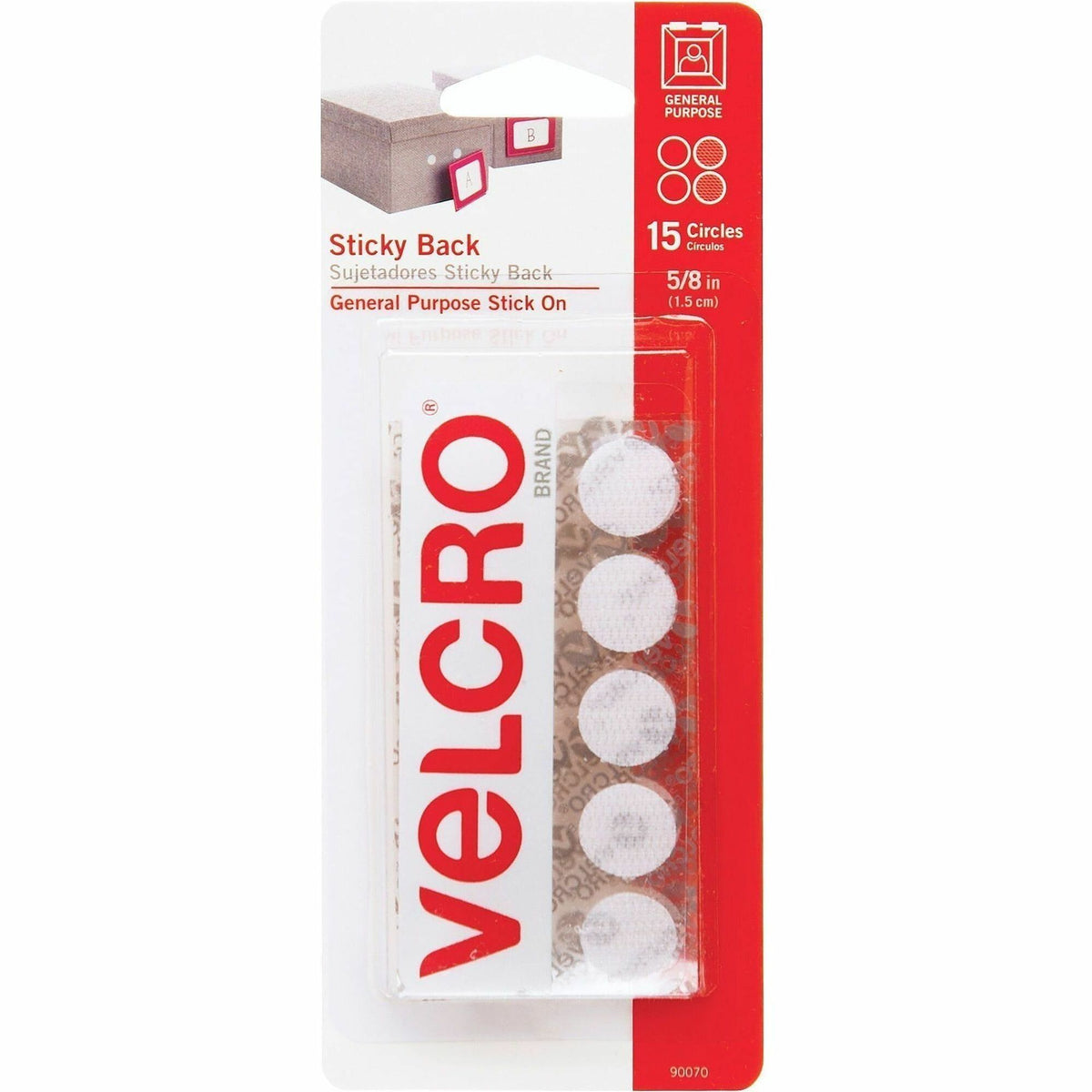 Sticky-Back Fasteners, Removable Adhesive, 0.63" dia, White, 15/Pack