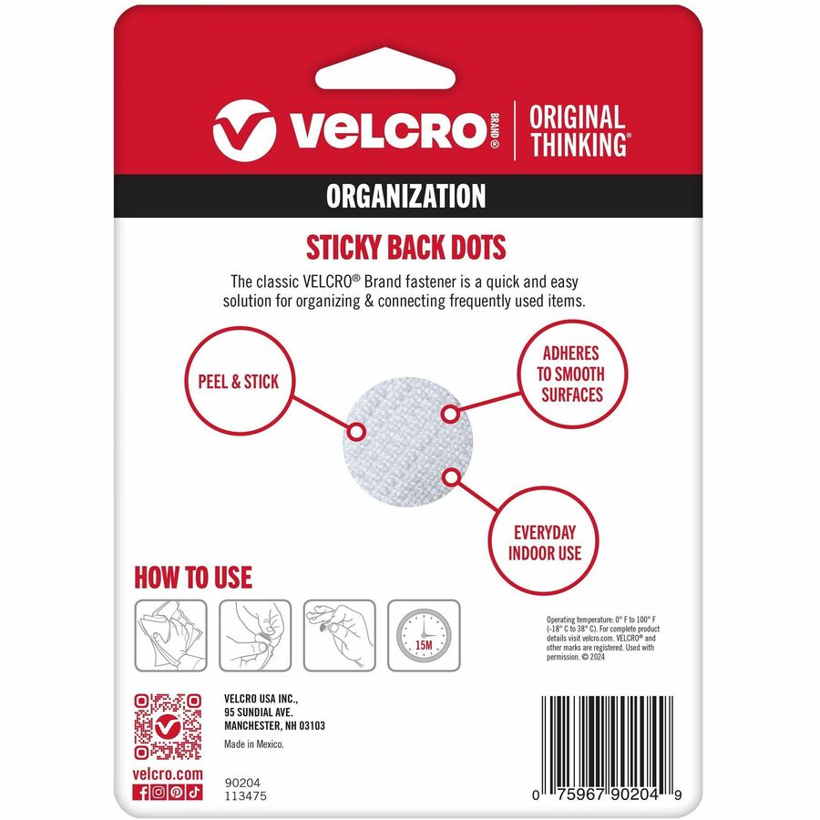 VELCRO 90204 General Purpose Sticky Back - 0.63" Dia - For Mounting, Multi Surface, Glass, Tile, Plastic, Metal - 100 / Carton - White