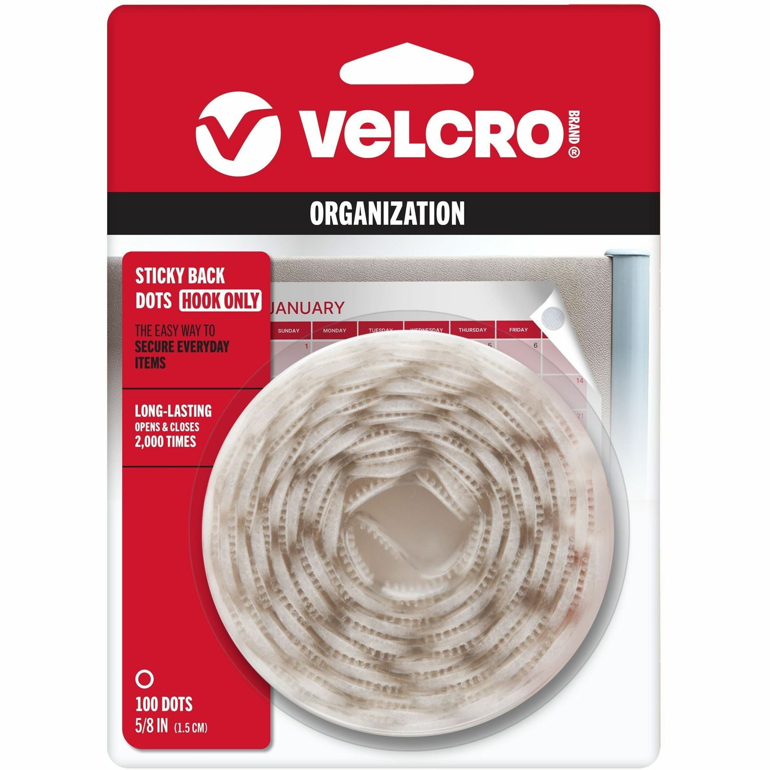 VELCRO 90204 General Purpose Sticky Back - 0.63" Dia - For Mounting, Multi Surface, Glass, Tile, Plastic, Metal - 100 / Carton - White