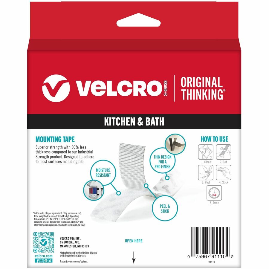 VELCRO 91110 Heavy Duty Industrial Strength - Low Profile - 10 ft Length x 1" Width - Water Resistant - For Mounting - 1 / RollRoll - White