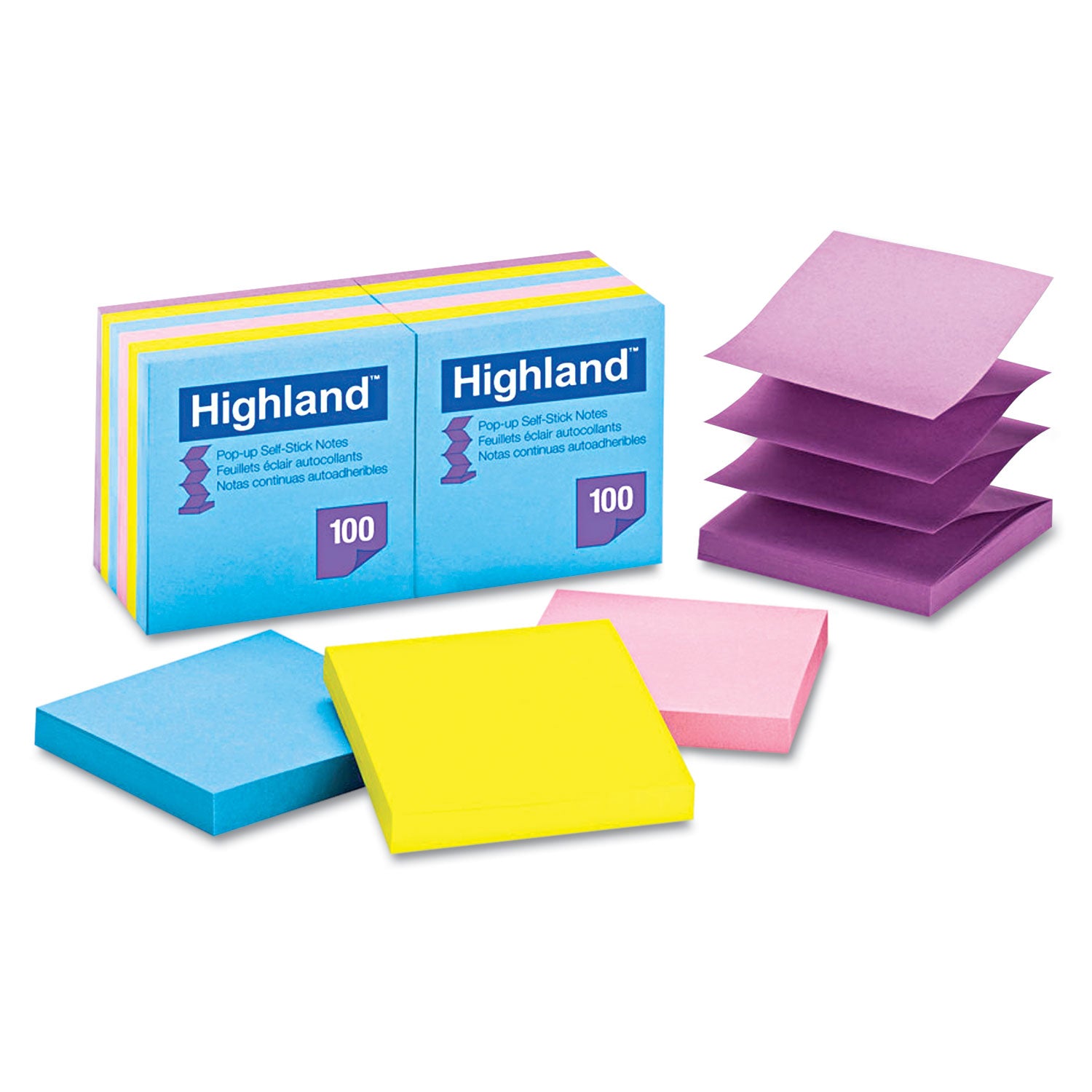 Self-Stick Pop-up Notes, 3" x 3", Assorted Bright Colors, 100 Sheets/Pad, 12 Pads/Pack - 