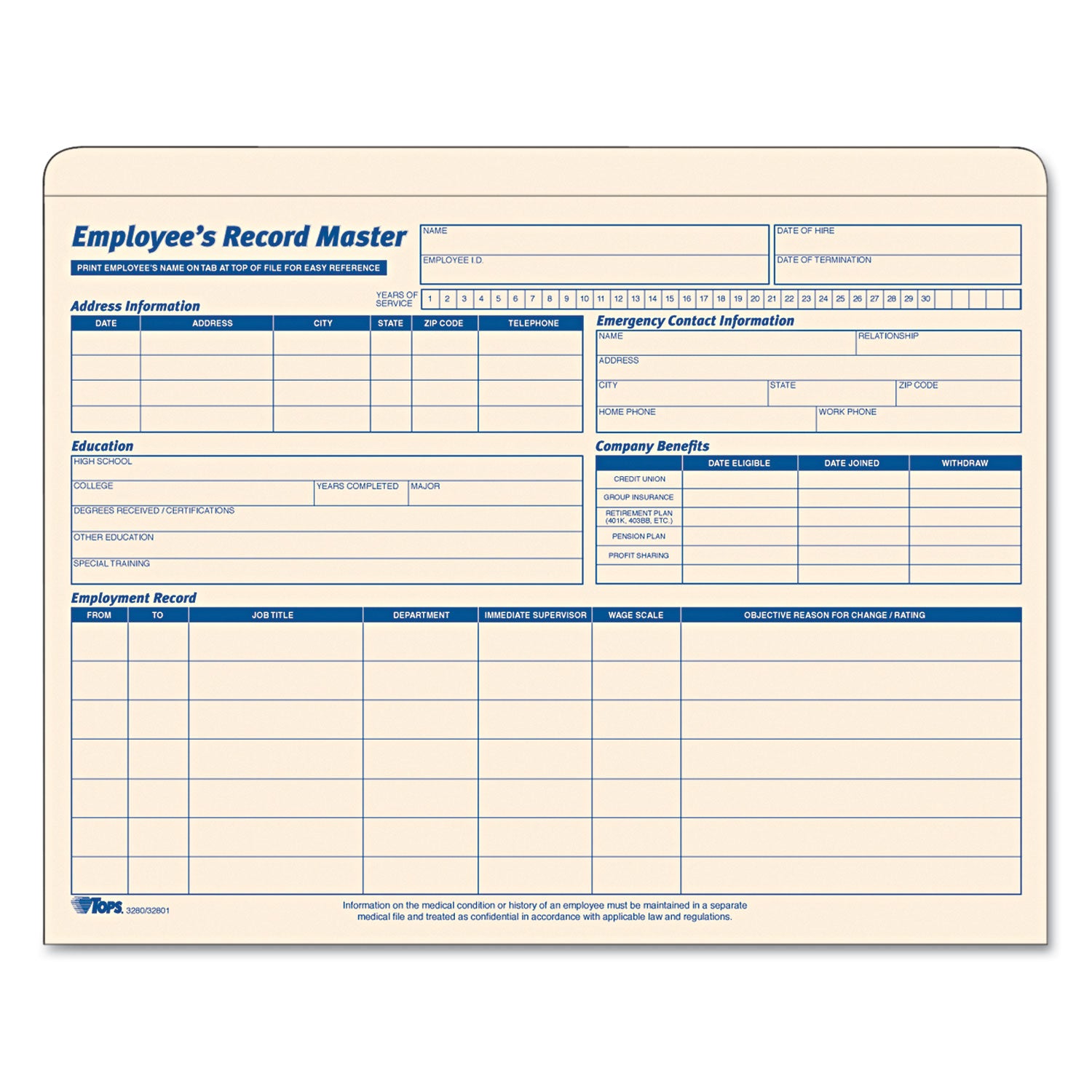 Employee Record Master File Jacket, Straight Tab, Letter Size, Manila, 15/Pack - 