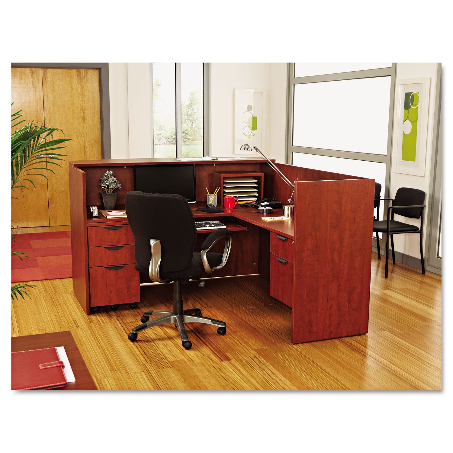 Alera Valencia Series Reception Desk with Transaction Counter, 71" x 35.5" x 29.5" to 42.5", Medium Cherry - 