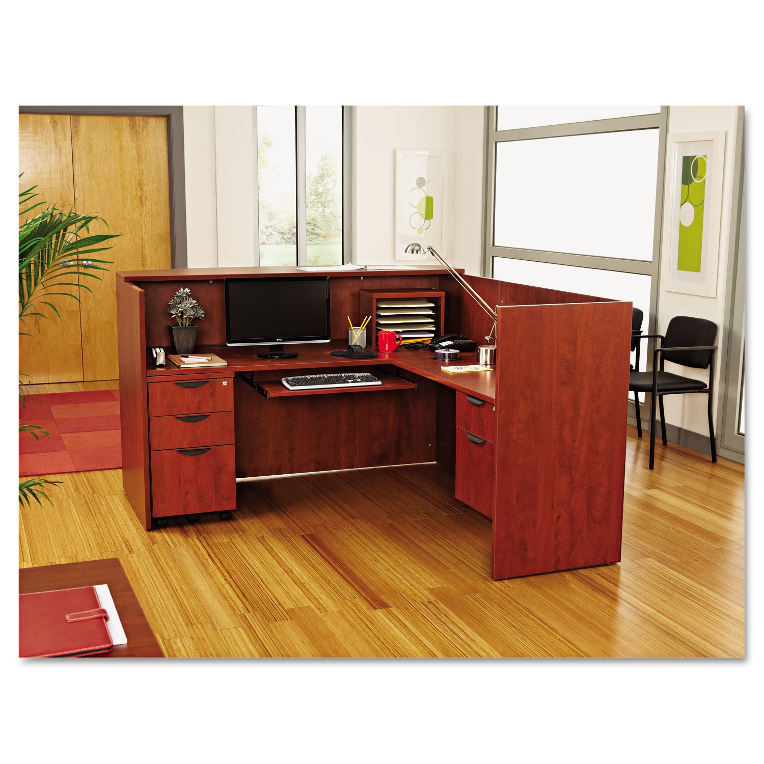 Alera Valencia Series Reception Desk with Transaction Counter, 71" x 35.5" x 29.5" to 42.5", Medium Cherry - 