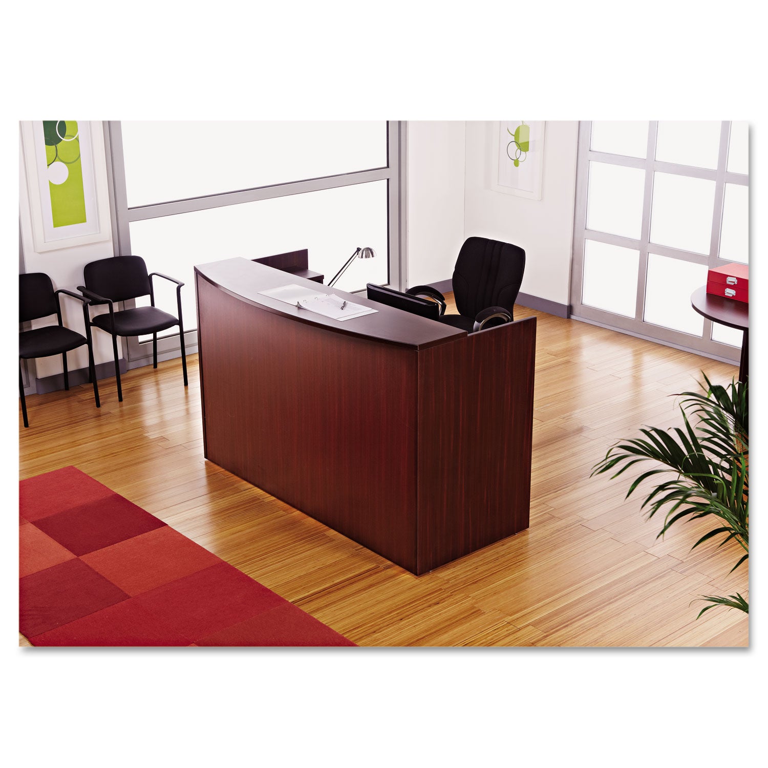 Alera Valencia Series Reception Desk with Transaction Counter, 71" x 35.5" x 29.5" to 42.5", Mahogany - 