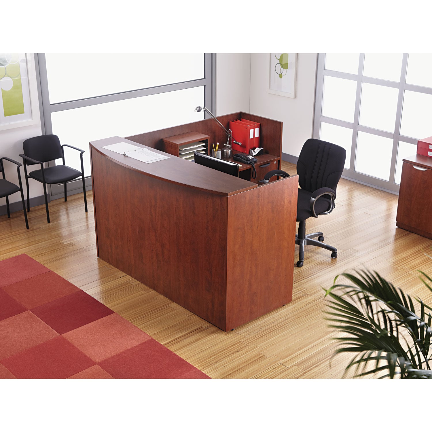 Alera Valencia Series Reception Desk with Transaction Counter, 71" x 35.5" x 29.5" to 42.5", Medium Cherry - 