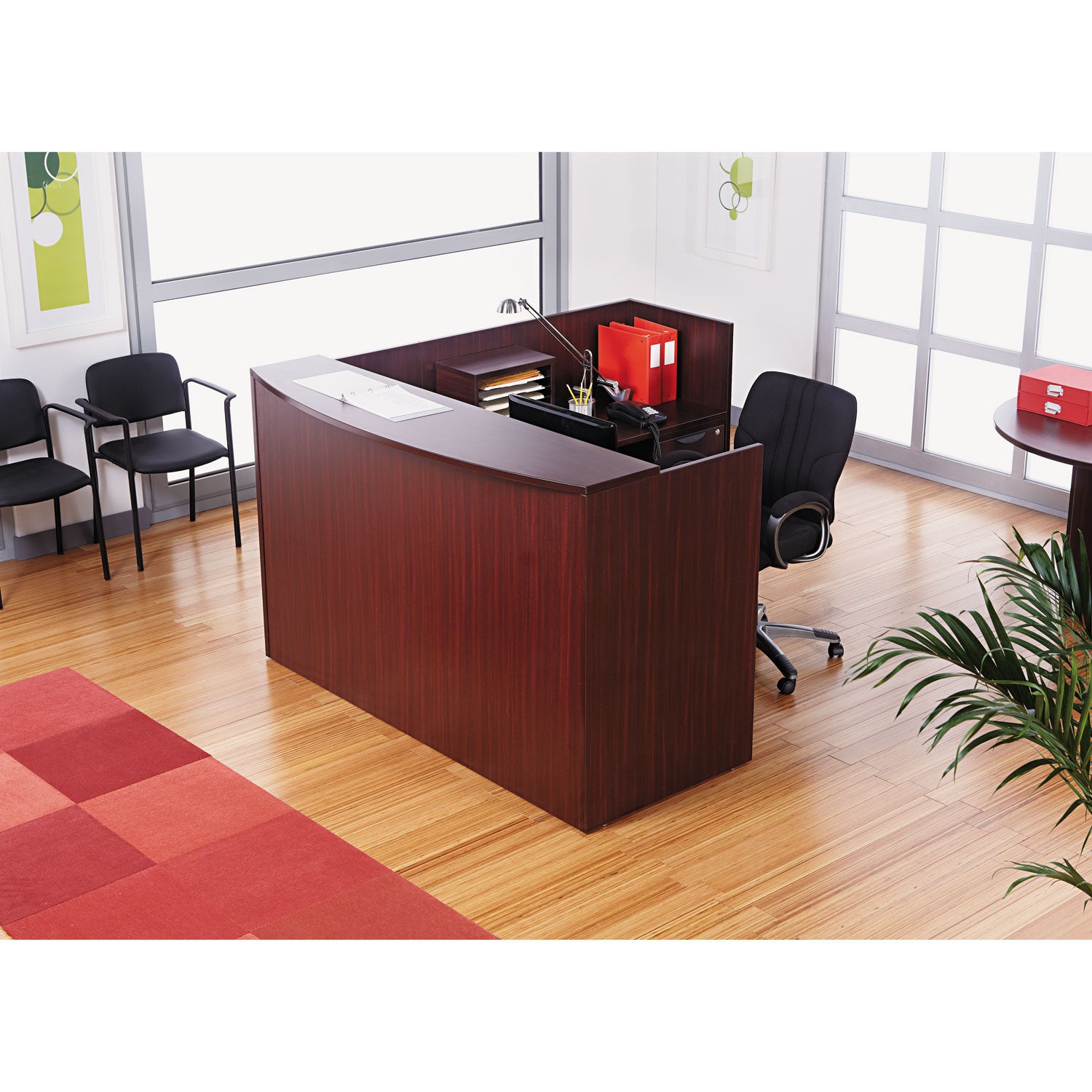 Alera Valencia Series Reception Desk with Transaction Counter, 71" x 35.5" x 29.5" to 42.5", Mahogany - 