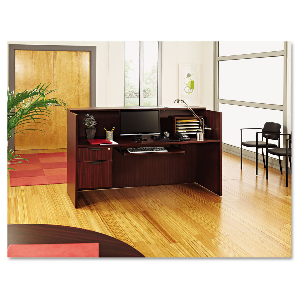 Alera Valencia Series Reception Desk with Transaction Counter, 71" x 35.5" x 29.5" to 42.5", Mahogany - 