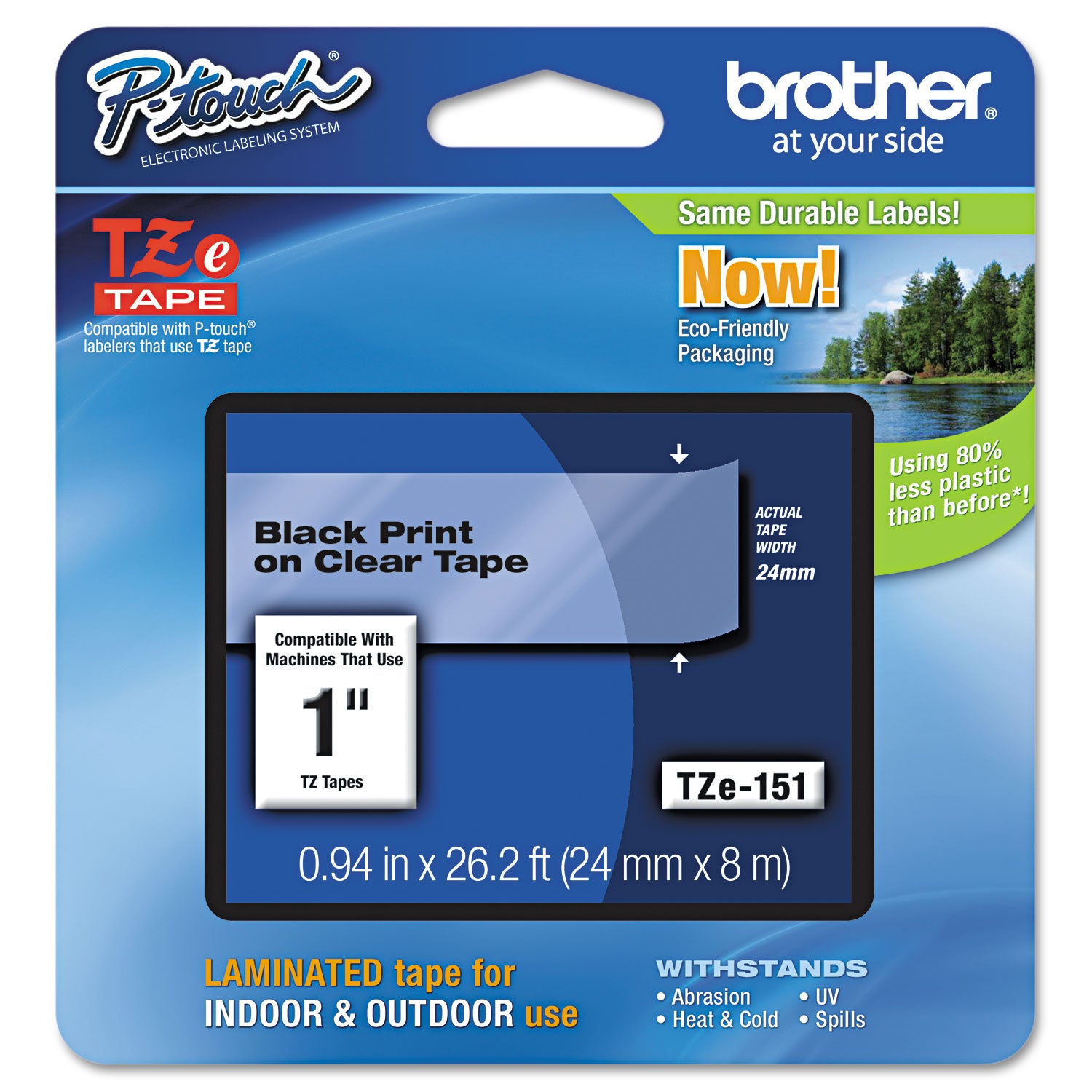 TZe Standard Adhesive Laminated Labeling Tape, 0.94" x 26.2 ft, Black on Clear