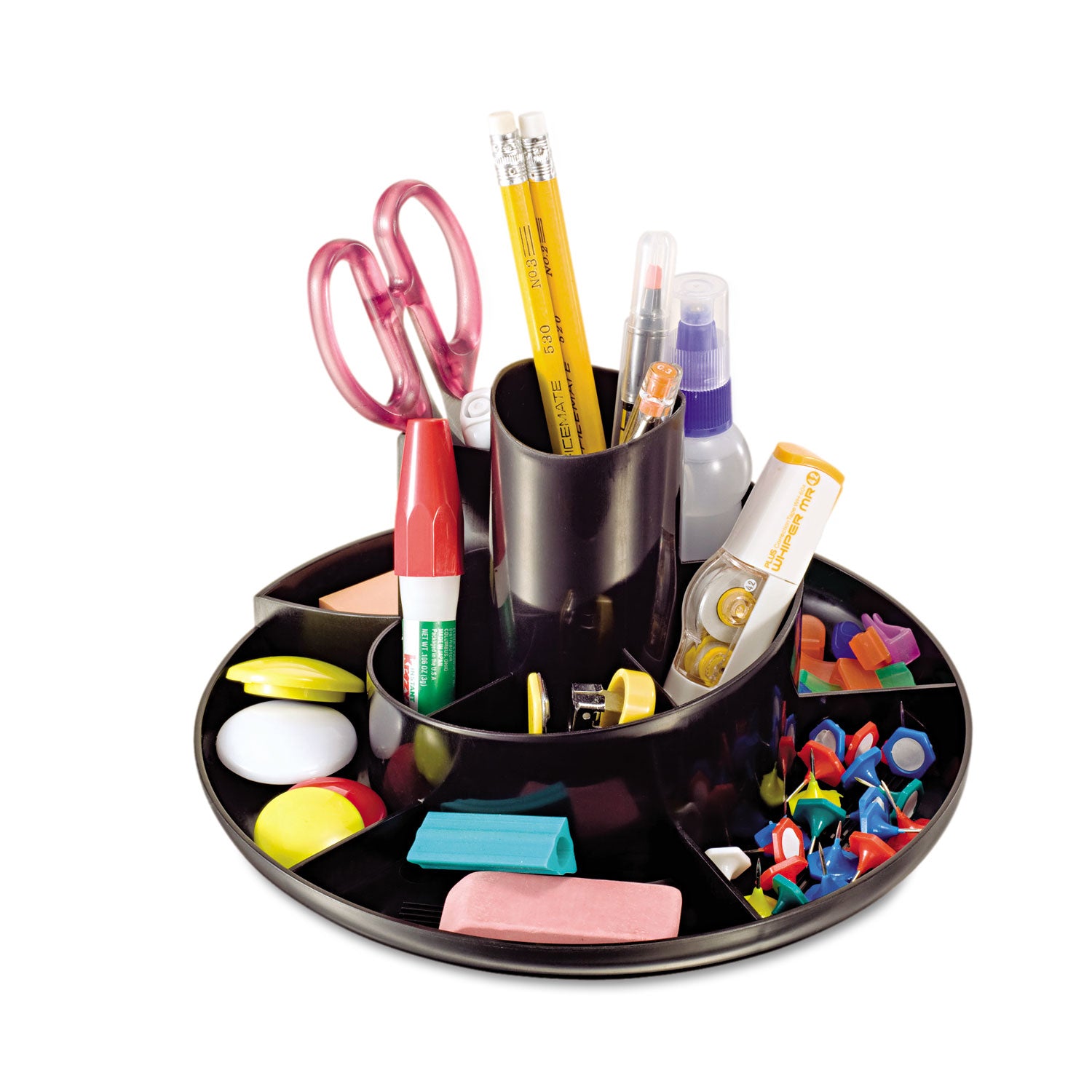 Rotary Desk Organizer, 11 Compartments, Plastic, 8.75" Diameter x 5.38"h, Black - 