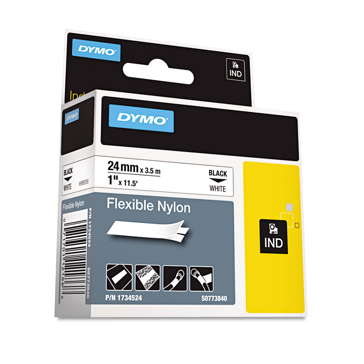Rhino Flexible Nylon Industrial Label Tape, 1" x 11.5 ft, White/Black Print