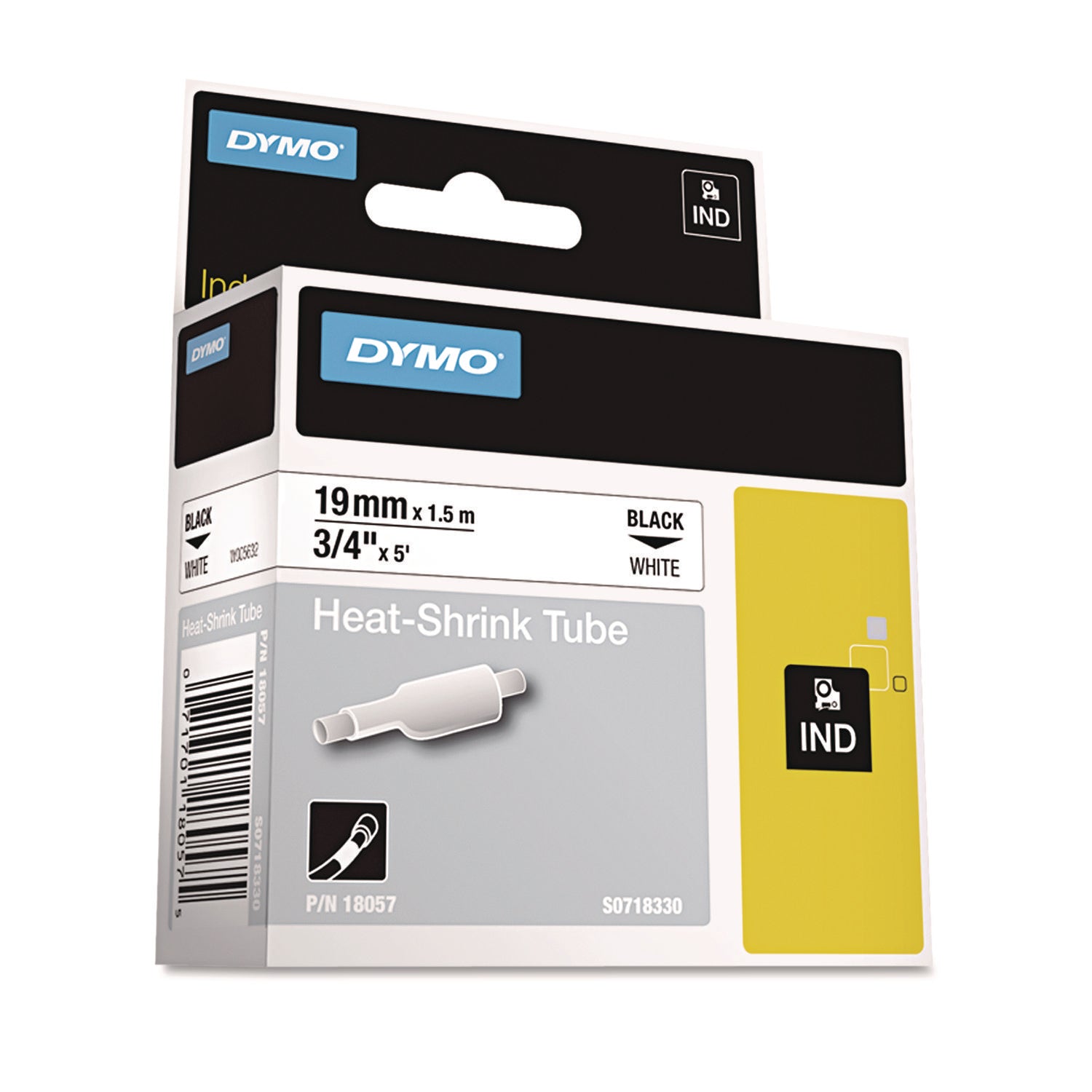 Rhino Heat Shrink Tubes Industrial Label Tape, 0.75" x 5 ft, White/Black Print