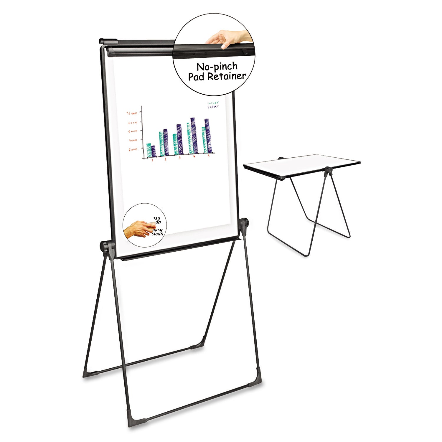 Foldable Double-Sided Dry Erase Easel, Two Configurations, 29 x 41, White Surface, Black Plastic Frame - 