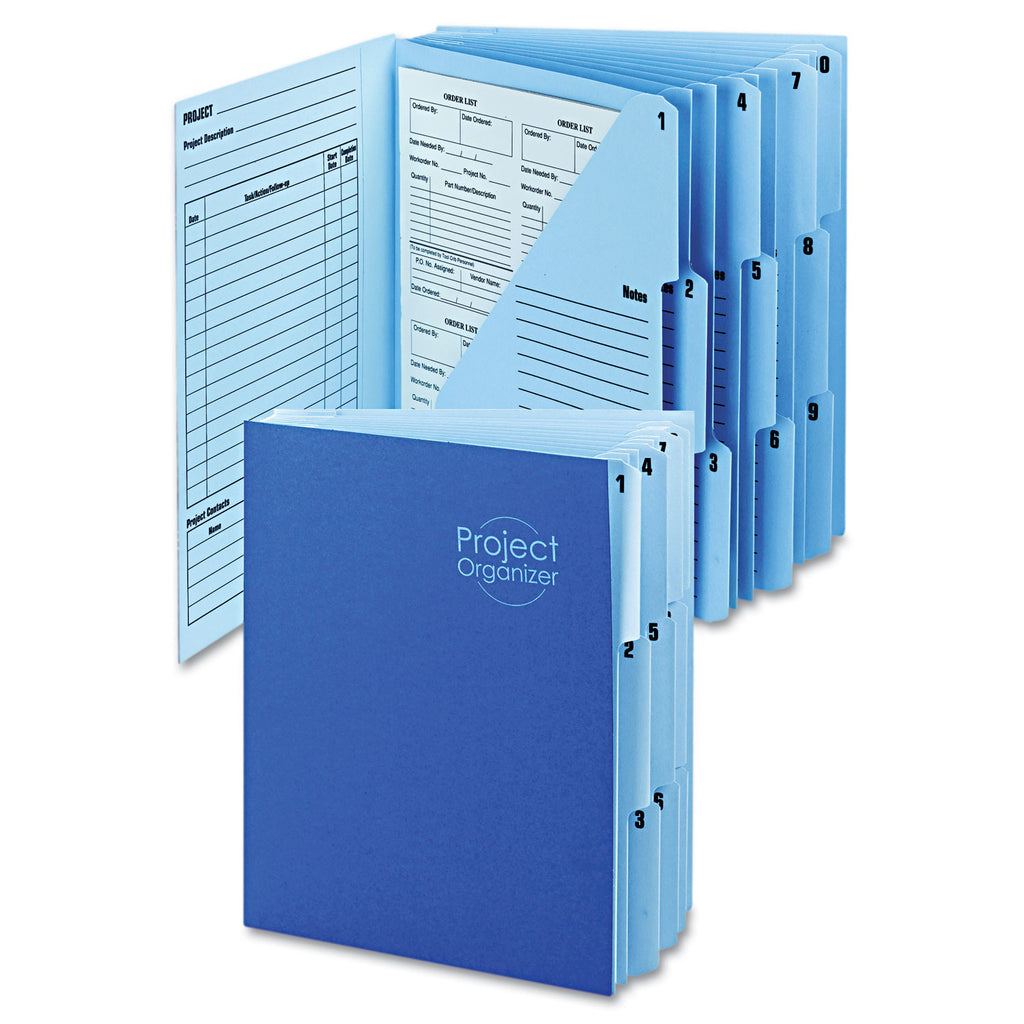 10-Pocket Project Organizer with Indexed Tabs (1-10), 10 Sections, Unpunched, 1/3-Cut Tabs, Letter Size, Lake Blue/Navy Blue - 