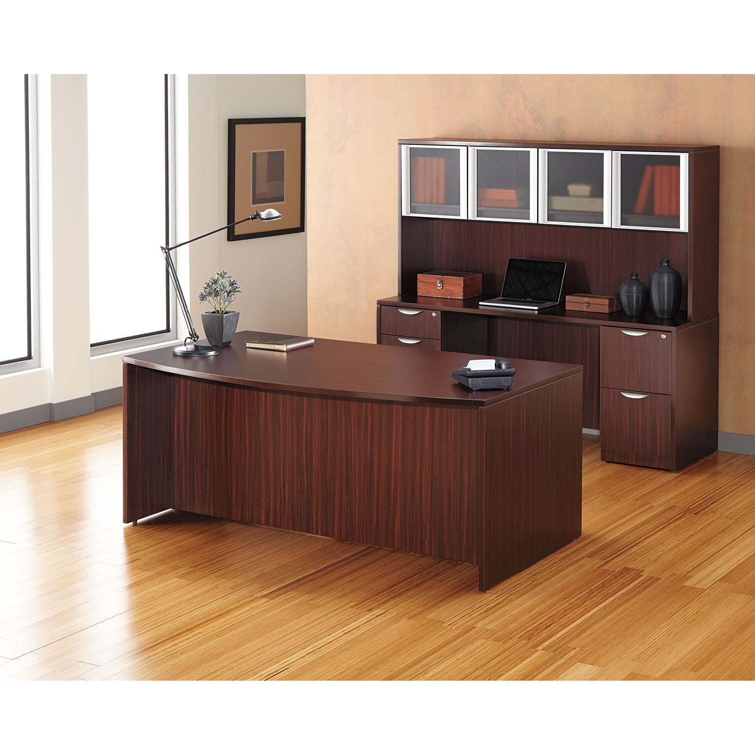 Alera Valencia Series Bow Front Desk Shell, 71" x 41.38" x 29.63", Mahogany - 