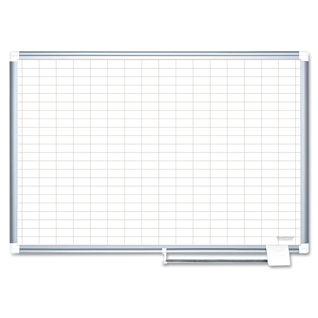 Gridded Magnetic Steel Dry Erase Planning Board, 1 x 2 Grid, 48 x 36, White Surface, Silver Aluminum Frame - 