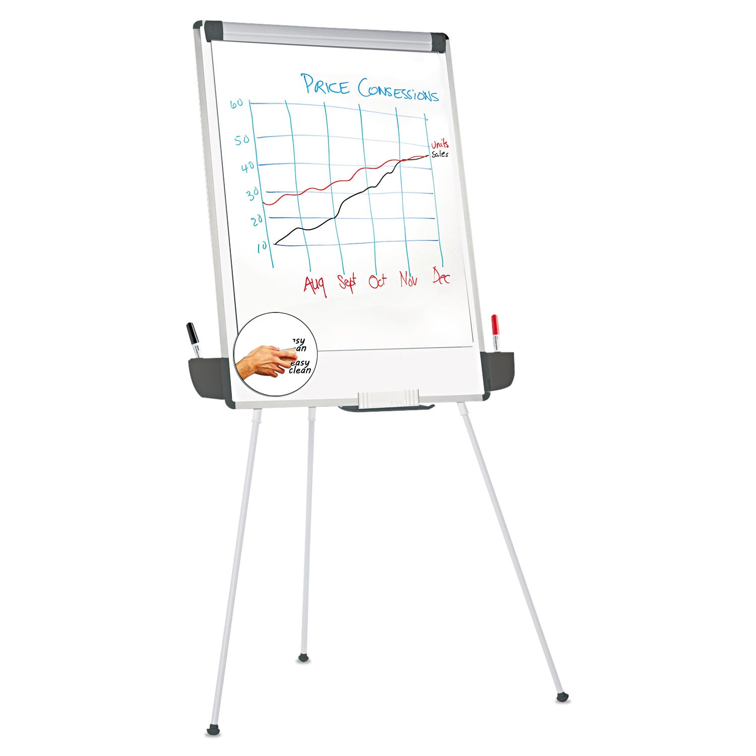 Dry Erase Board with Tripod Easel and Adjustable Pen Cups, 29 x 41, White Surface, Silver Frame - 