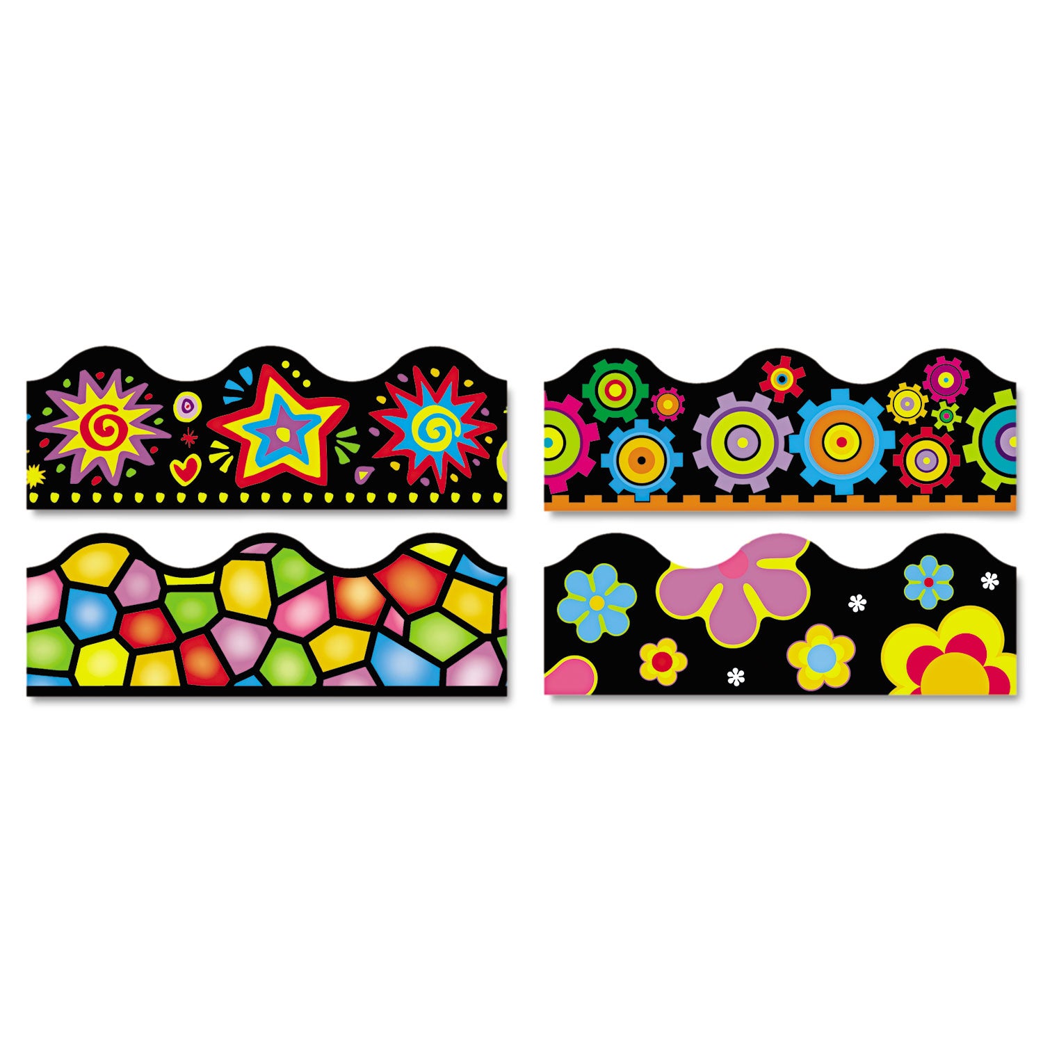 Terrific Trimmers Border Variety Set, 2.25" x 39", Bright On Black, Assorted Colors/Designs, 48/Set - 