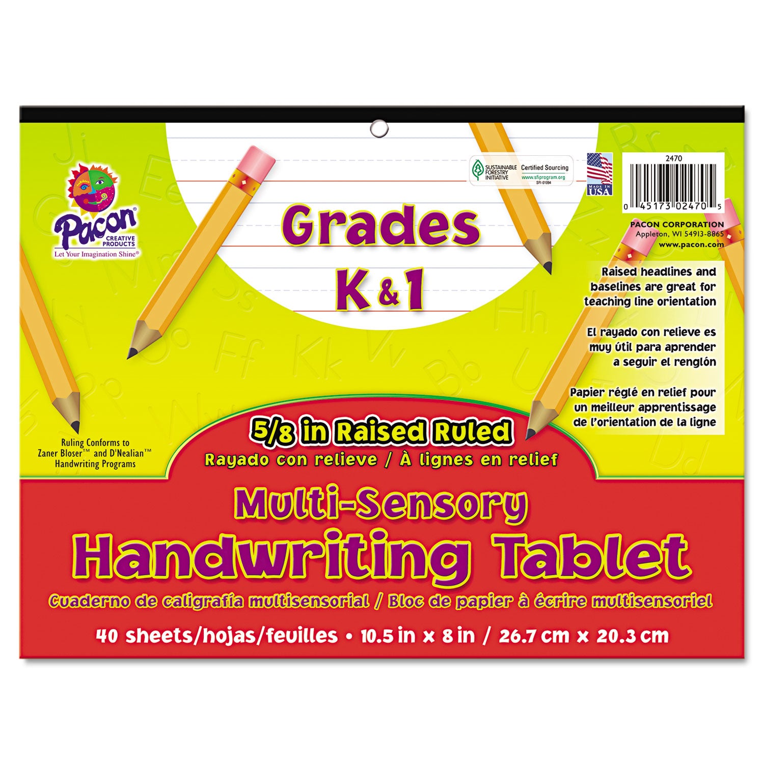 Multi-Sensory Handwriting Tablet, 5/8" Long Rule, 8 x 10.5, 40/Pad - 