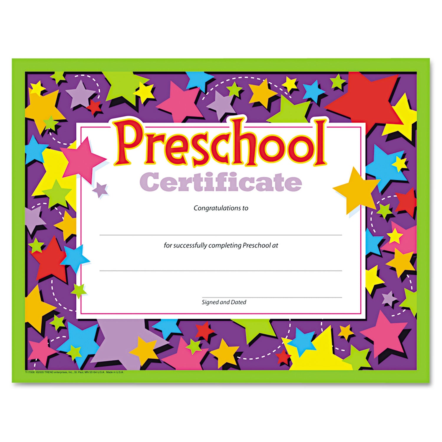 Colorful Classic Certificates, Preschool Diploma, 11 x 8.5, Horizontal Orientation, Assorted Colors, 30/Pack - 