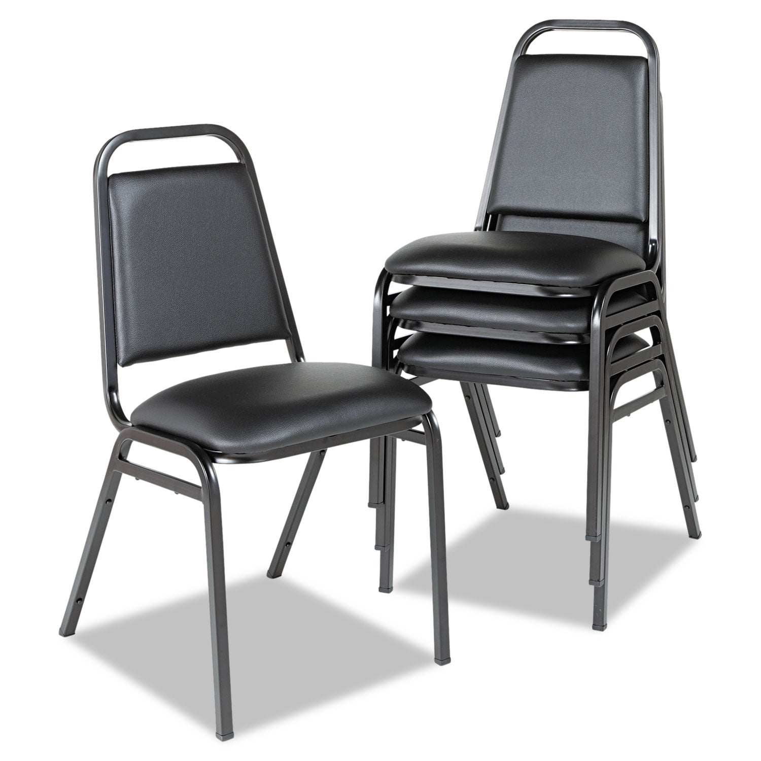 Padded Steel Stacking Chair, Supports Up to 250 lb, 18.5" Seat Height, Black Seat, Black Back, Black Base, 4/Carton - 