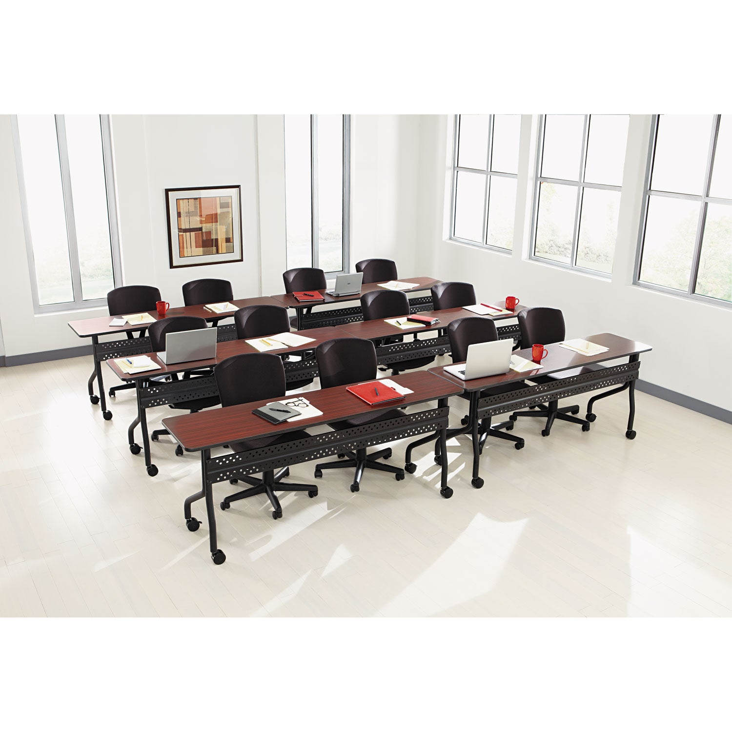 OfficeWorks Mobile Training Table, Rectangular, 72" x 18" x 29", Mahogany/Black - 