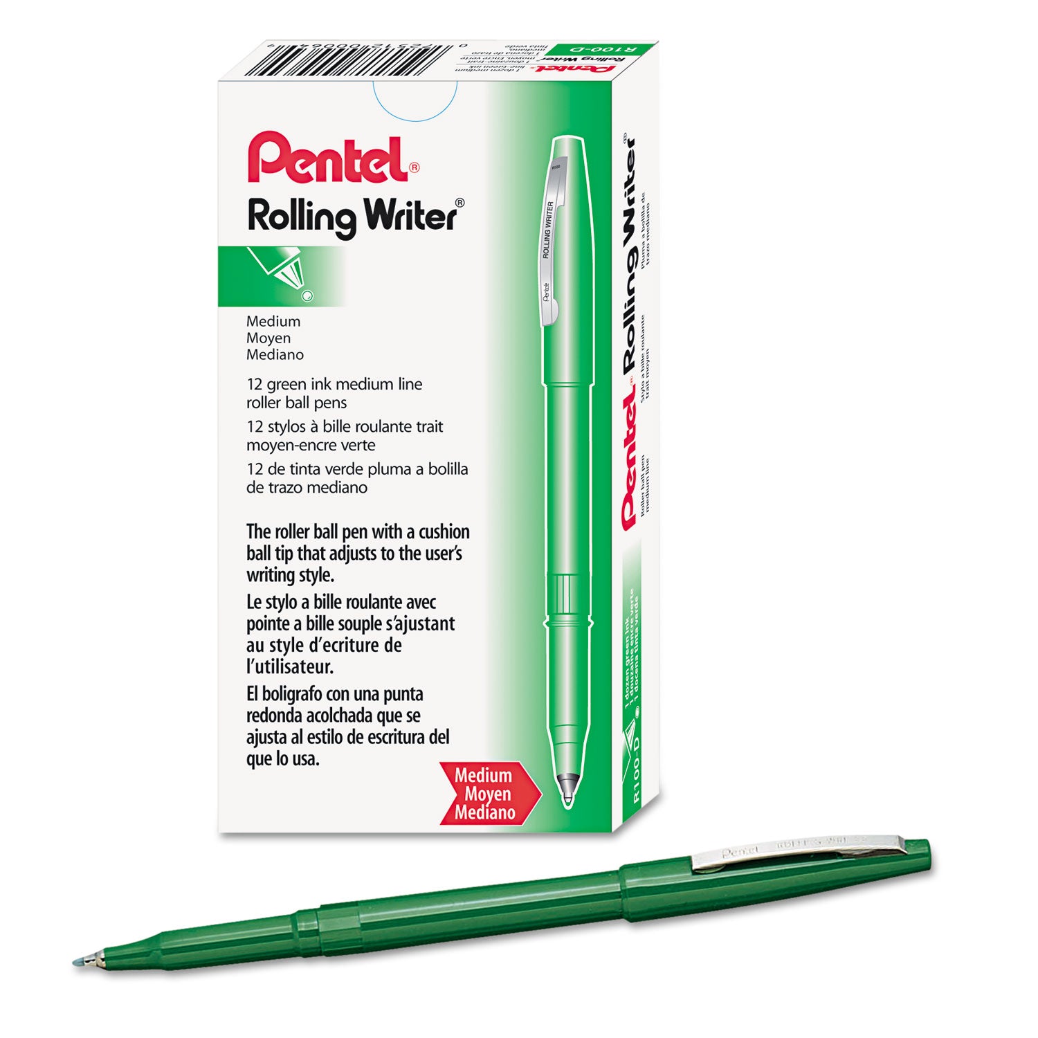 Rolling Writer Roller Ball Pen, Stick, Medium 0.8 mm, Green Ink, Green Barrel, Dozen