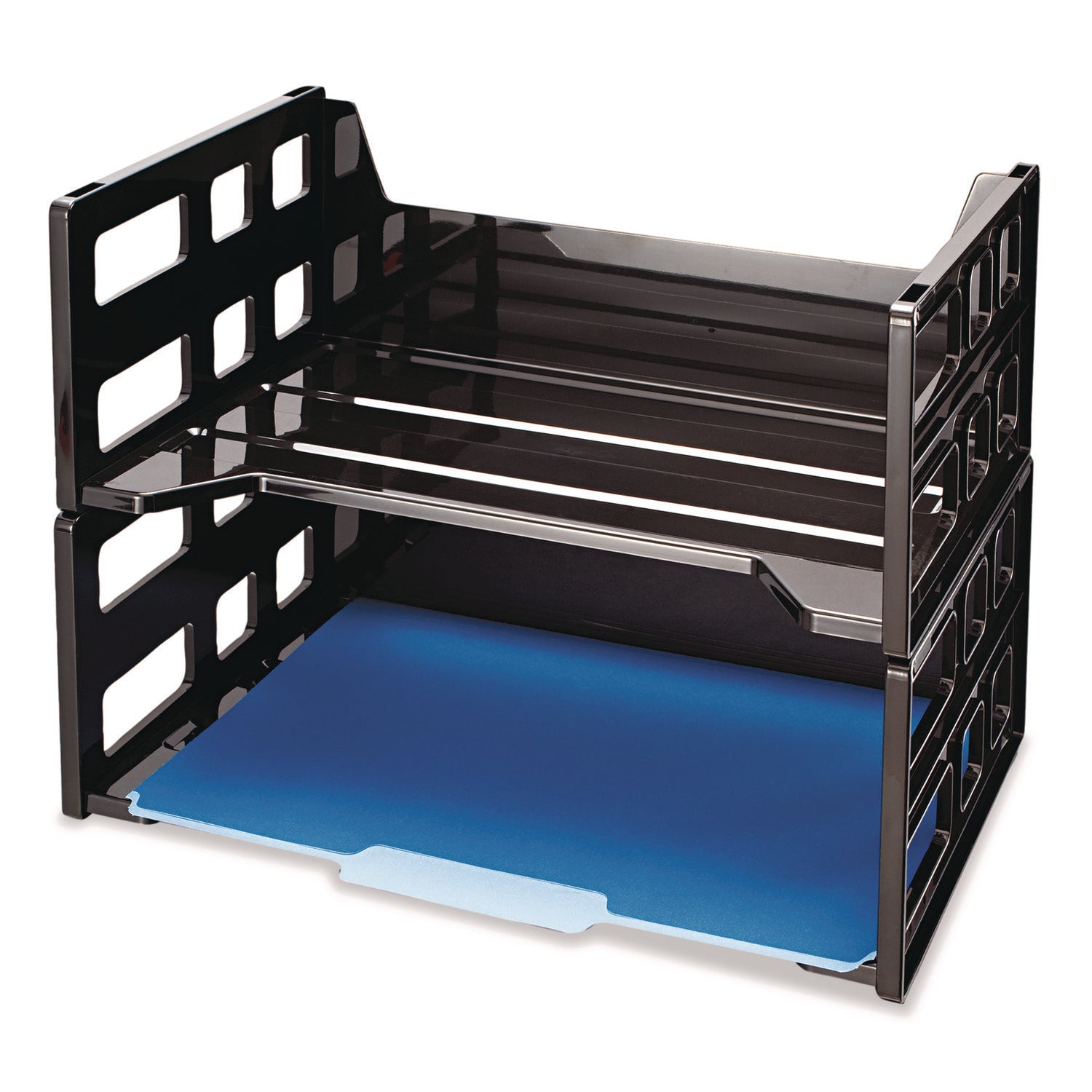 High Rise Desk Tray, 2 Sections, Letter Size Files, 13.25" x 9" x 10.25", Black, 2/Pack