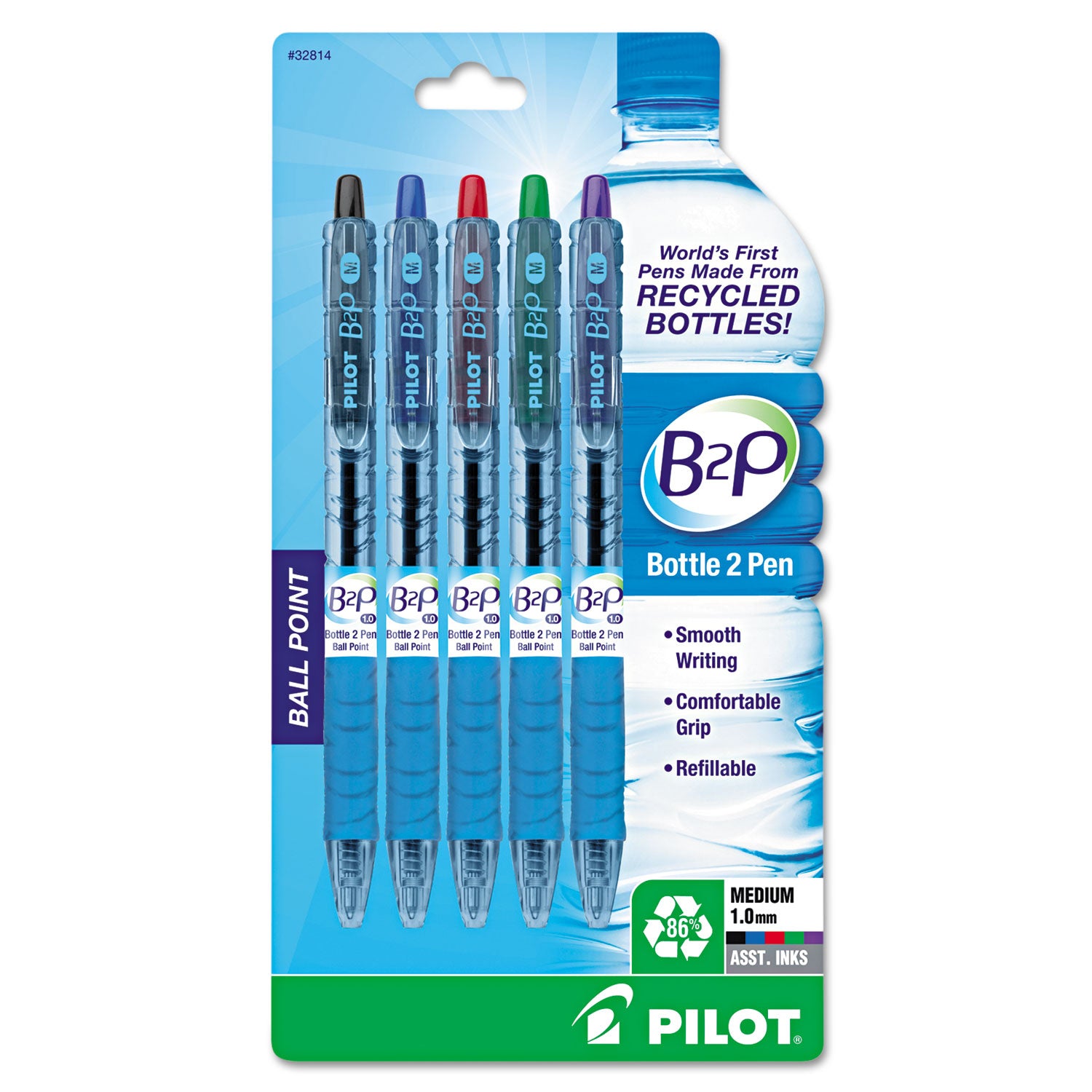 B2P Bottle-2-Pen Recycled Ballpoint Pen, Retractable, Medium 1 mm, Assorted Ink Colors, Translucent Blue Barrel, 5/Pack - 1
