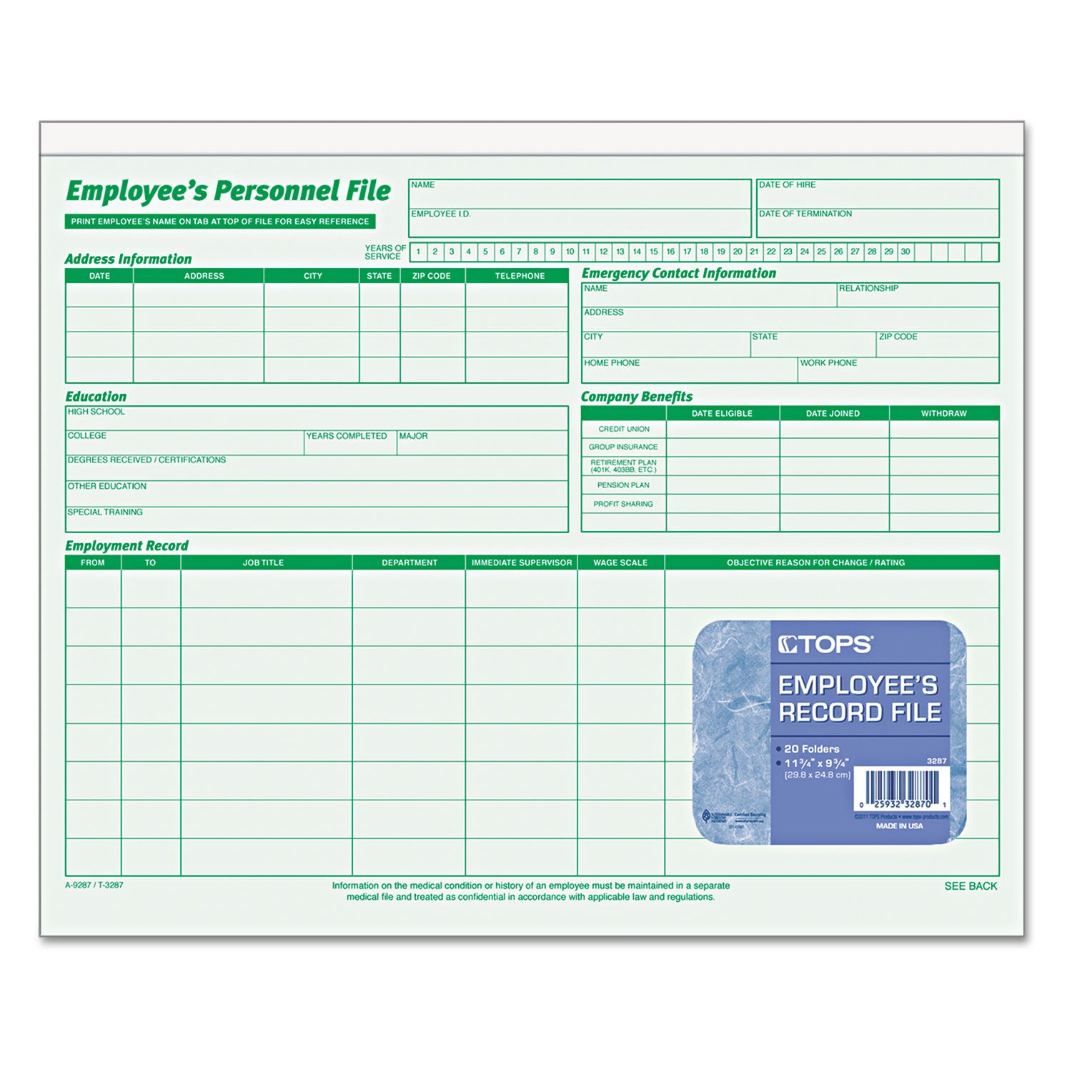 Employee's Record File Folder, Straight Tabs, Letter Size, Index Stock, Green, 20/Pack