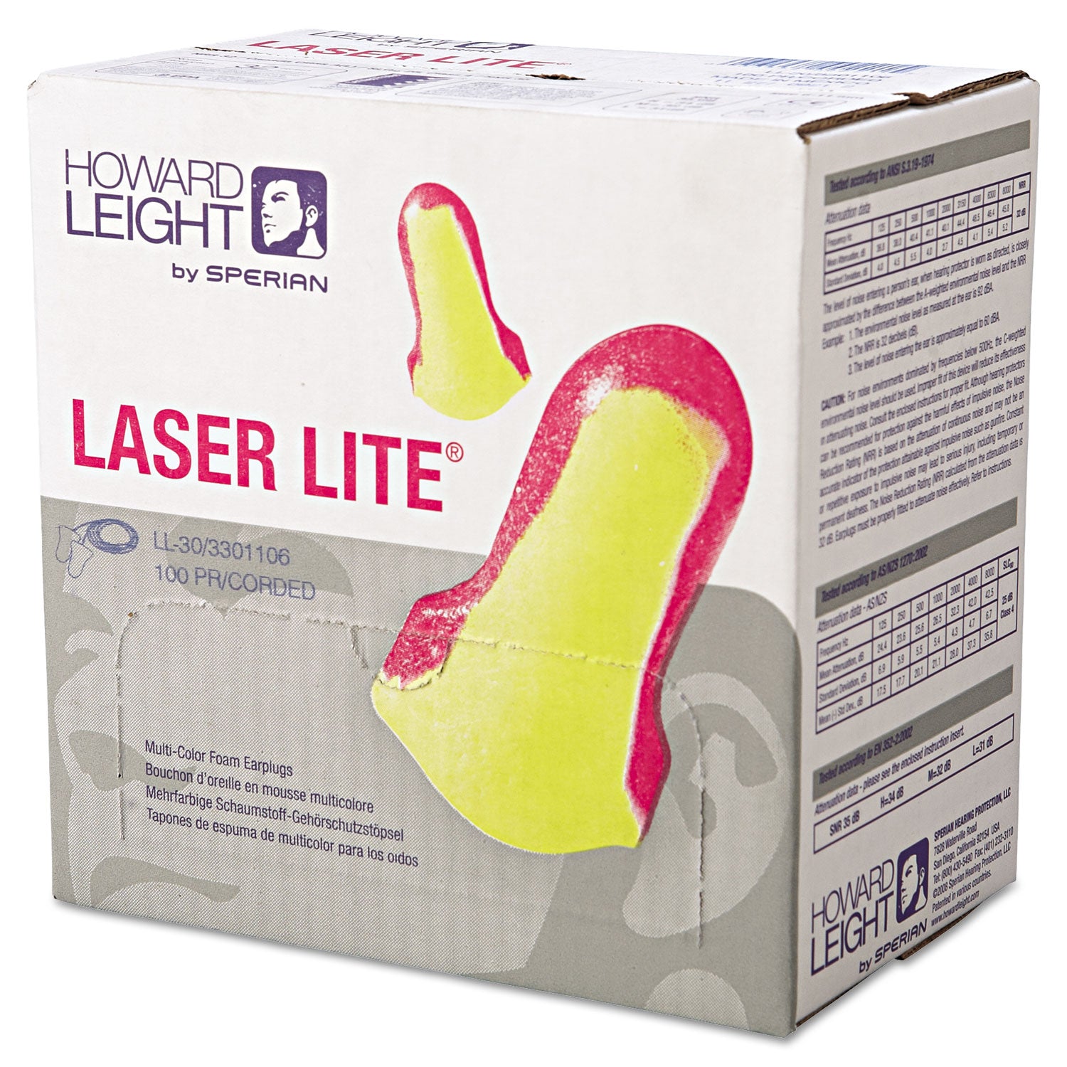 LL-30 Laser Lite Single-Use Earplugs, Corded, 32NRR, Magenta/Yellow, 100 Pairs - 