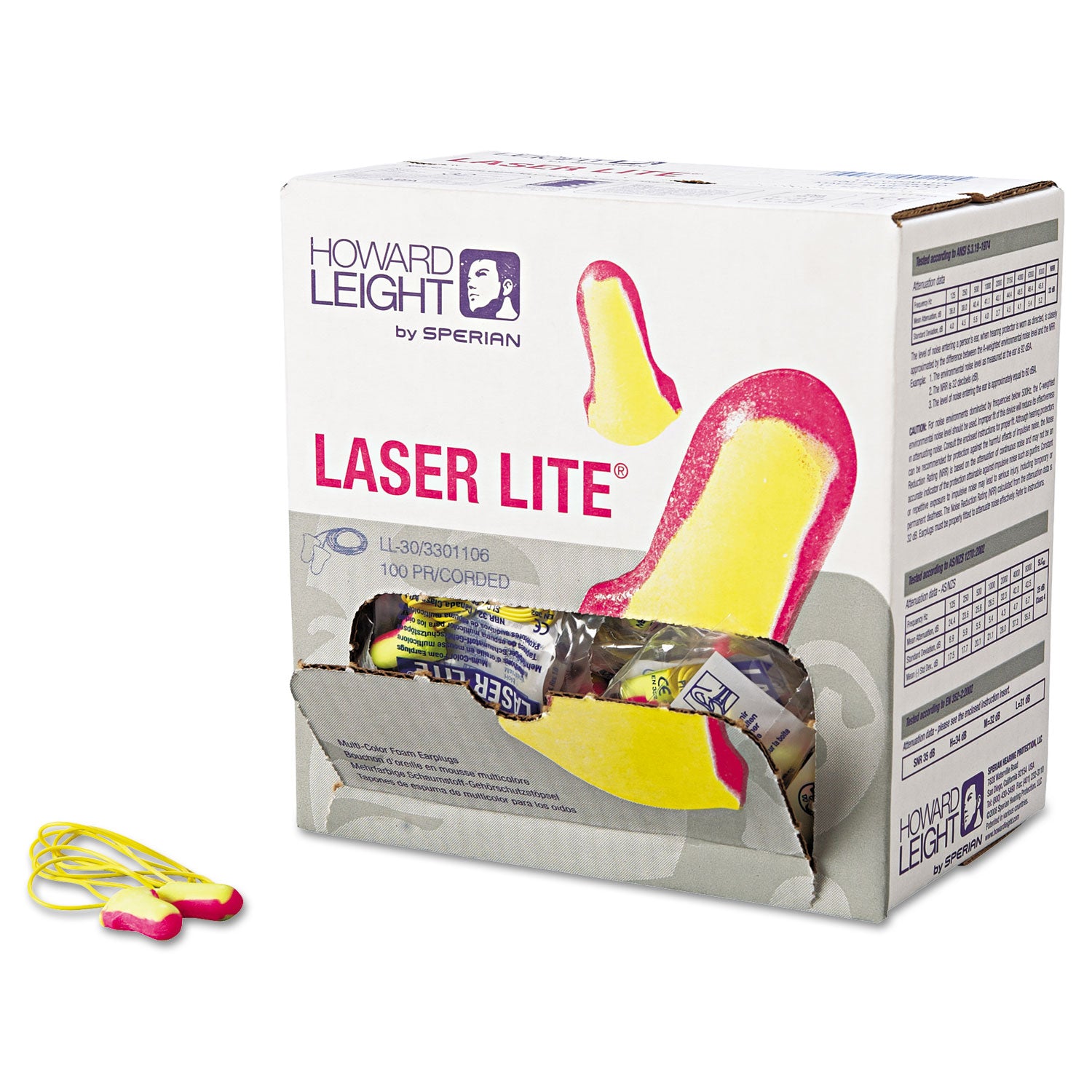 LL-30 Laser Lite Single-Use Earplugs, Corded, 32NRR, Magenta/Yellow, 100 Pairs - 