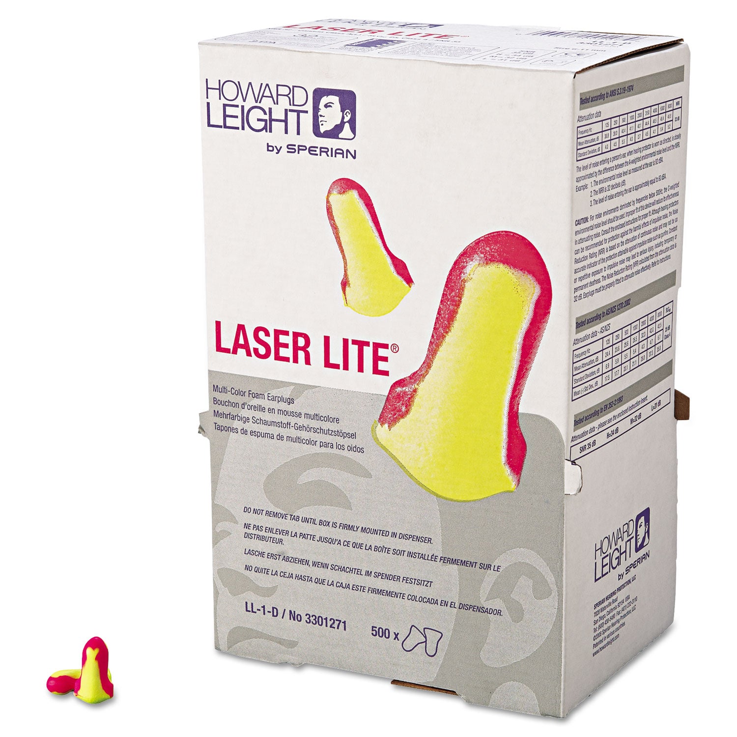 LL-1 D Laser Lite Single-Use Earplugs, Cordless, 32NRR, MA/YW, LS500, 500 Pairs - 