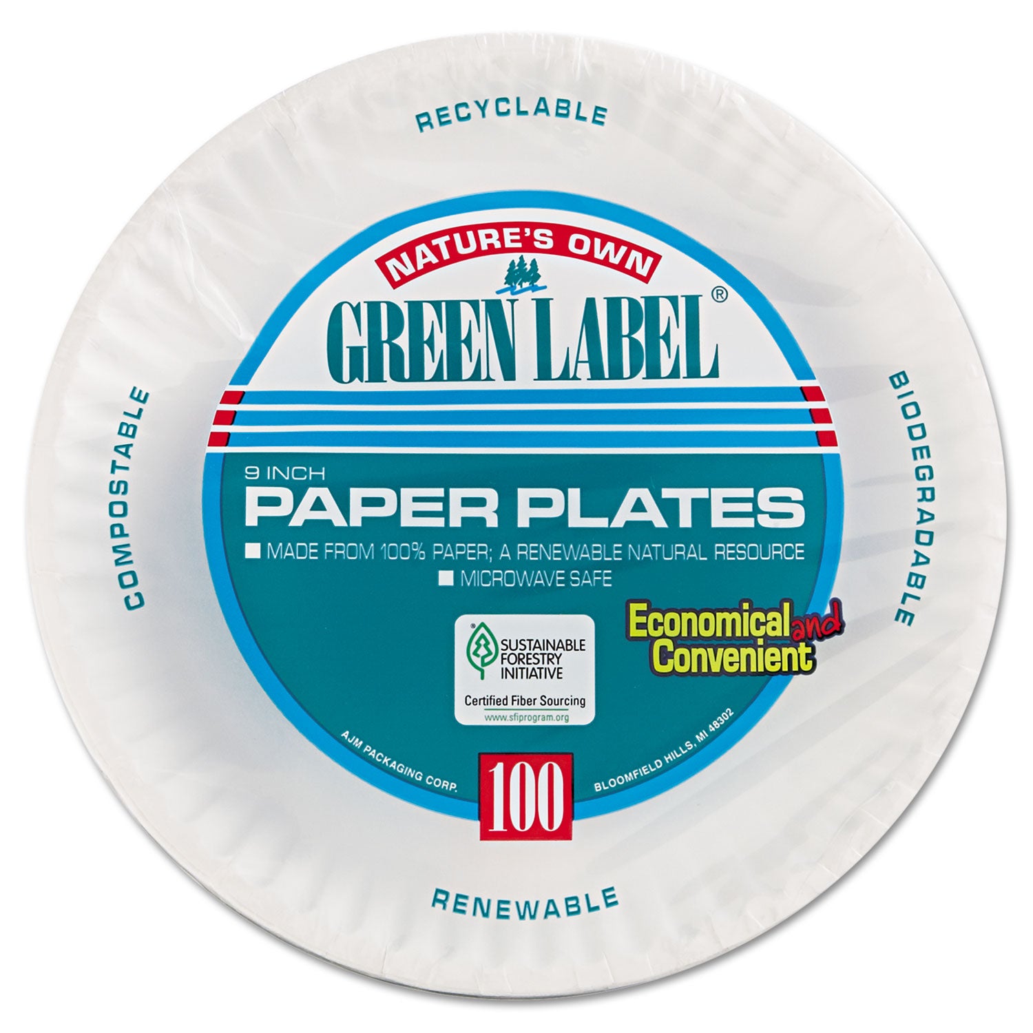 White Paper Plates, 9" dia, 100/Pack