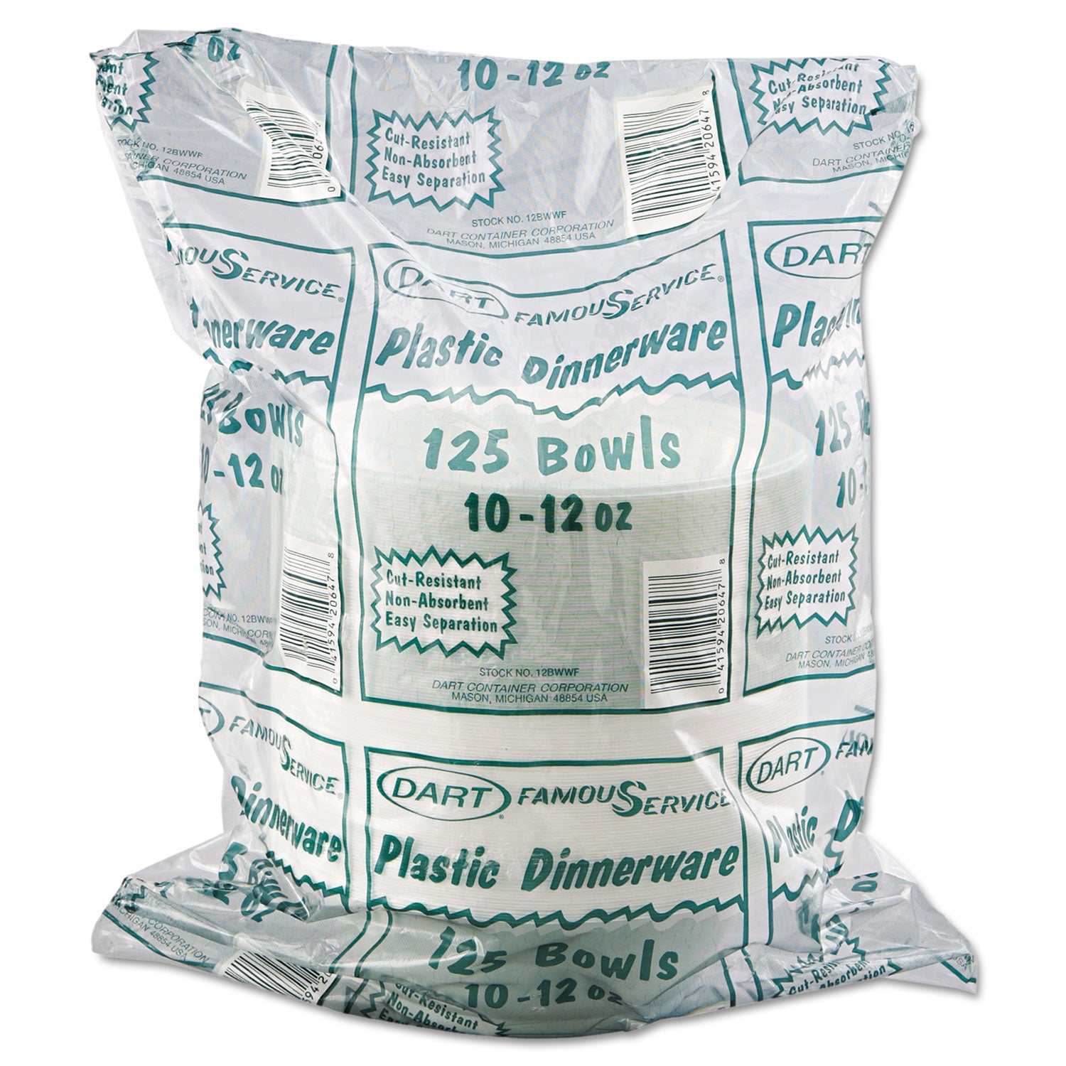 Famous Service Plastic Dinnerware, Bowl, 12 oz, White, 125/Pack, 8 Packs/Carton - 