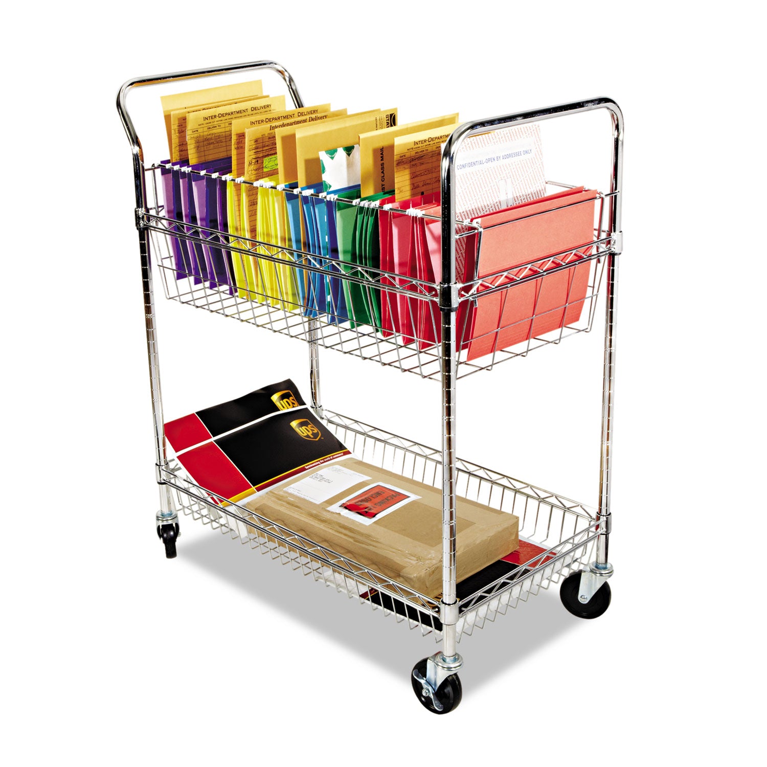 Carry-all Mail Cart, Metal, 1 Shelf, 1 Bin, 34.88" x 18" x 39.5", Silver - 