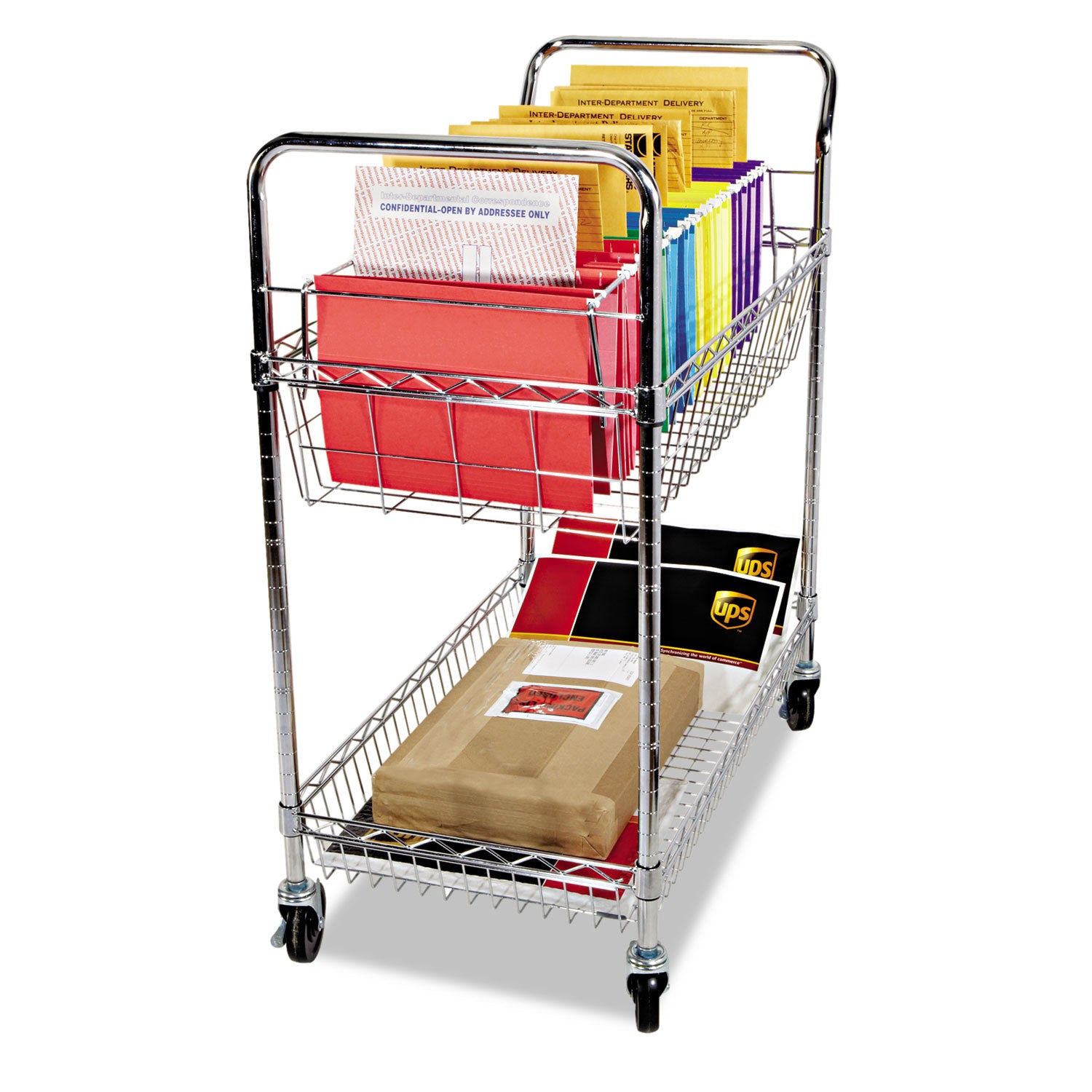 Carry-all Mail Cart, Metal, 1 Shelf, 1 Bin, 34.88" x 18" x 39.5", Silver - 