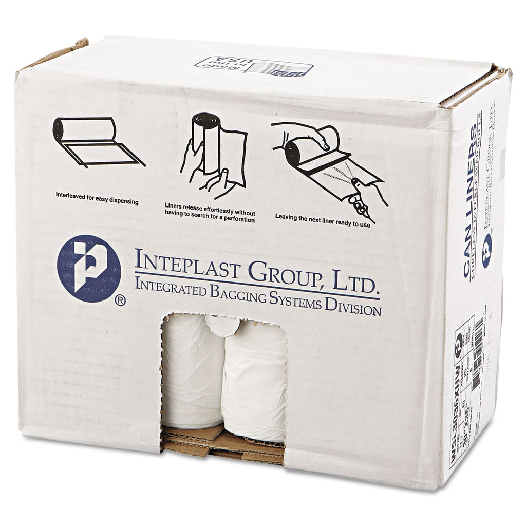 Low-Density Commercial Can Liners, Coreless Interleaved Roll, 30 gal, 0.8 mil, 30" x 36", White, 25 Bags/Roll, 8 Rolls/Carton