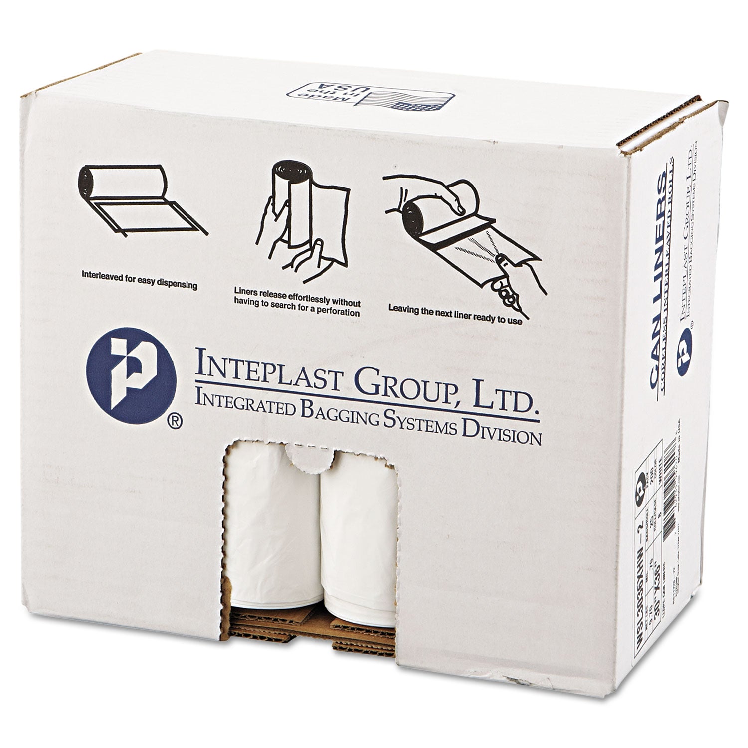 Low-Density Commercial Can Liners, Coreless Interleaved Roll, 30 gal, 0.7 mil, 30" x 36", White, 25 Bags/Roll, 8 Rolls/Carton