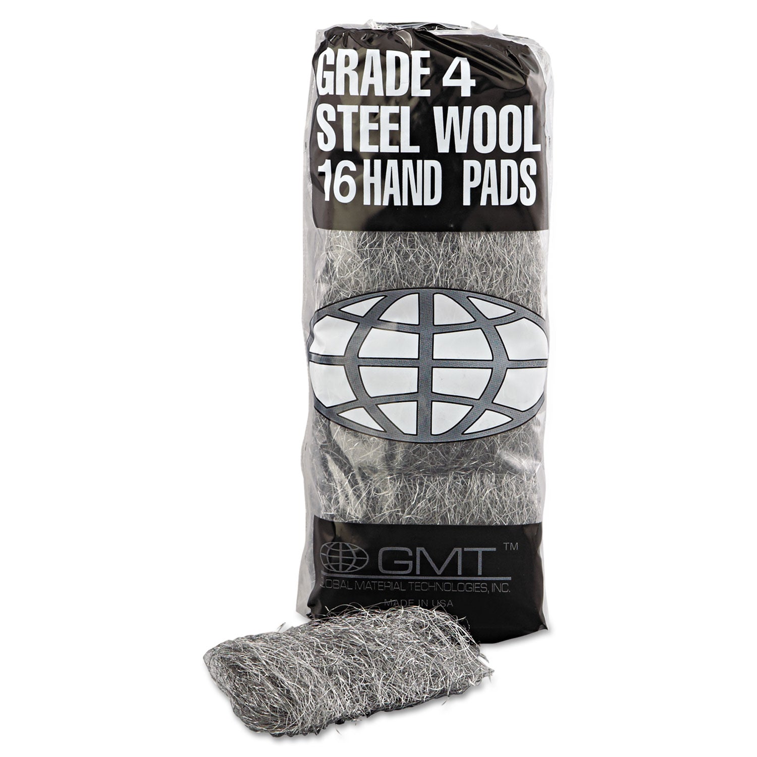 Industrial-Quality Steel Wool Hand Pads, #4 Extra Coarse, Steel Gray, 16 Pads/Sleeve, 12 Sleeves/Carton - 